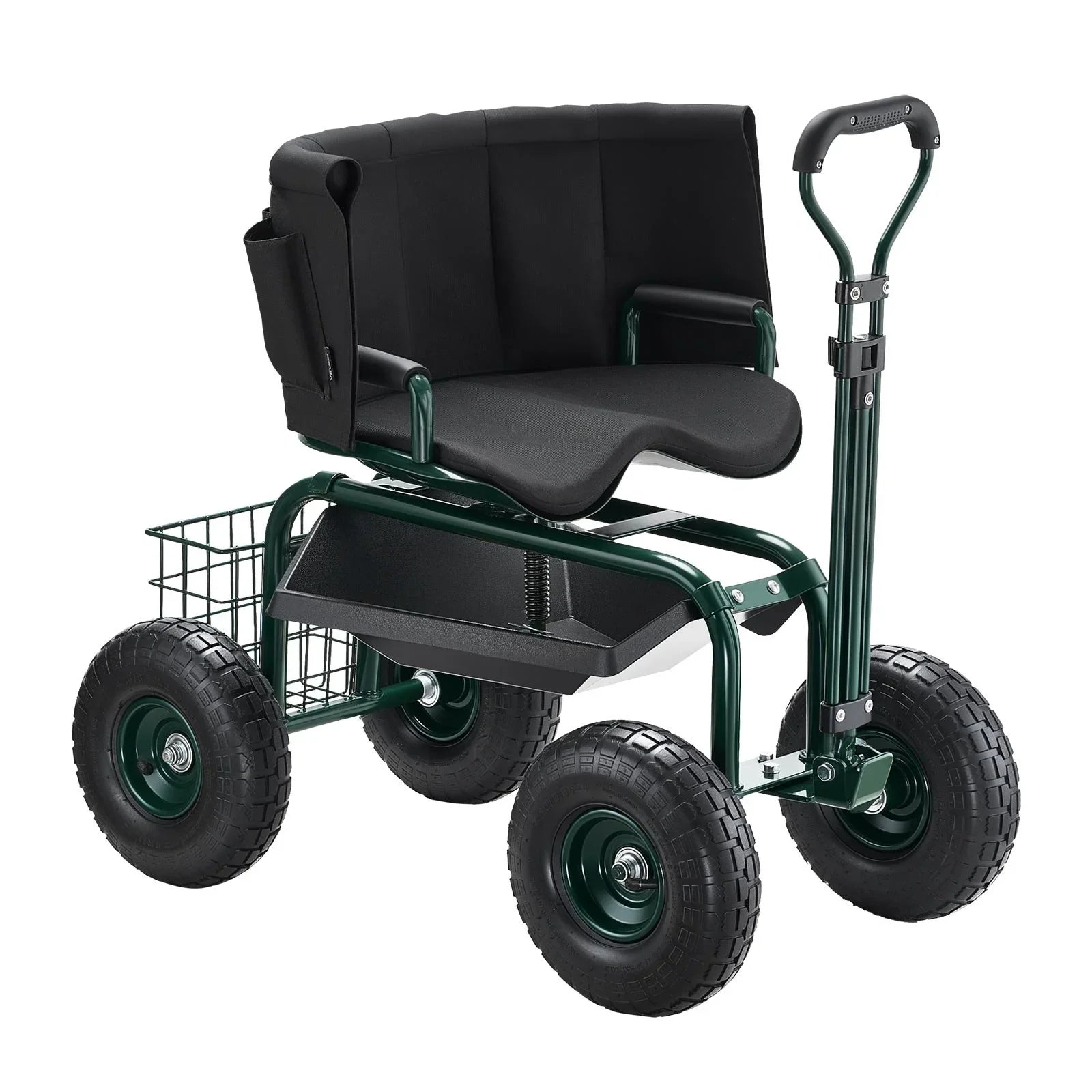 Rolling Garden Cart with Swivel Seat Wheels Extendable Handle Storage Box