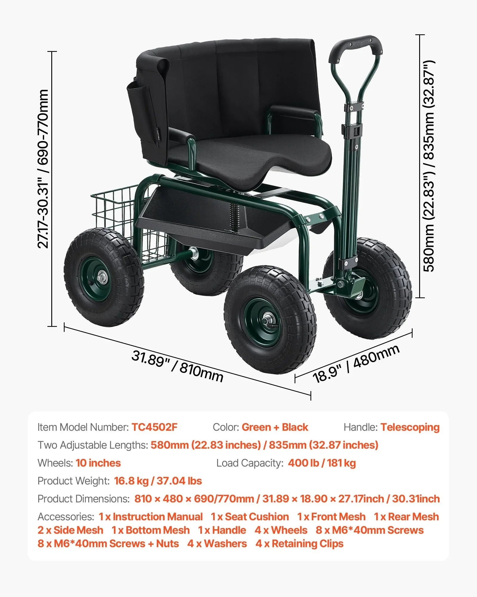 Rolling Garden Cart with Swivel Seat Wheels Extendable Handle Storage Box