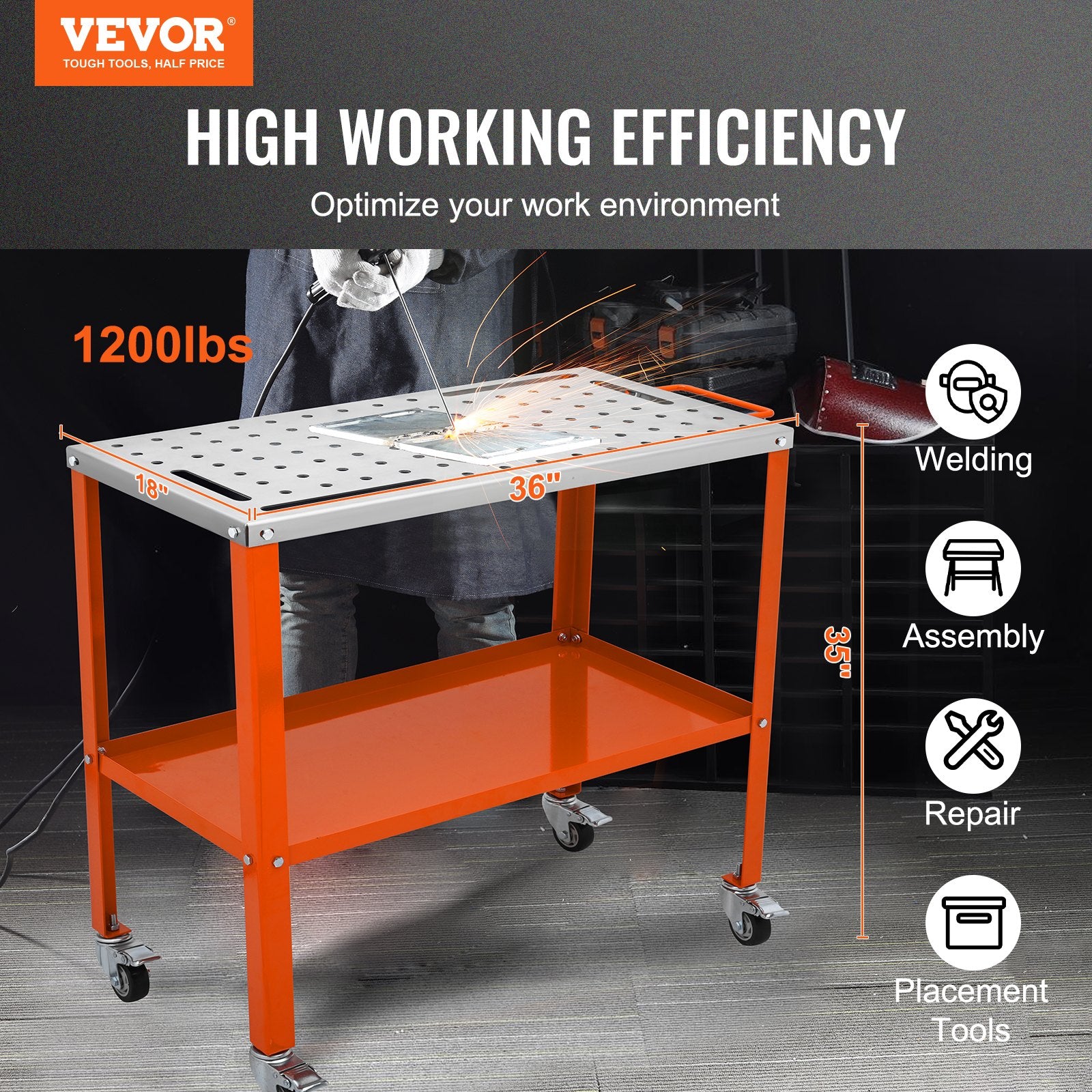 36" x 18" Welding Table, 1200lbs Load Capacity Steel Welding Workbench Table on Wheels, Portable Work Bench with Braking Lockable Casters, 4 Tool Slots, 5/8-inch Fixture Holes, Tool Tray