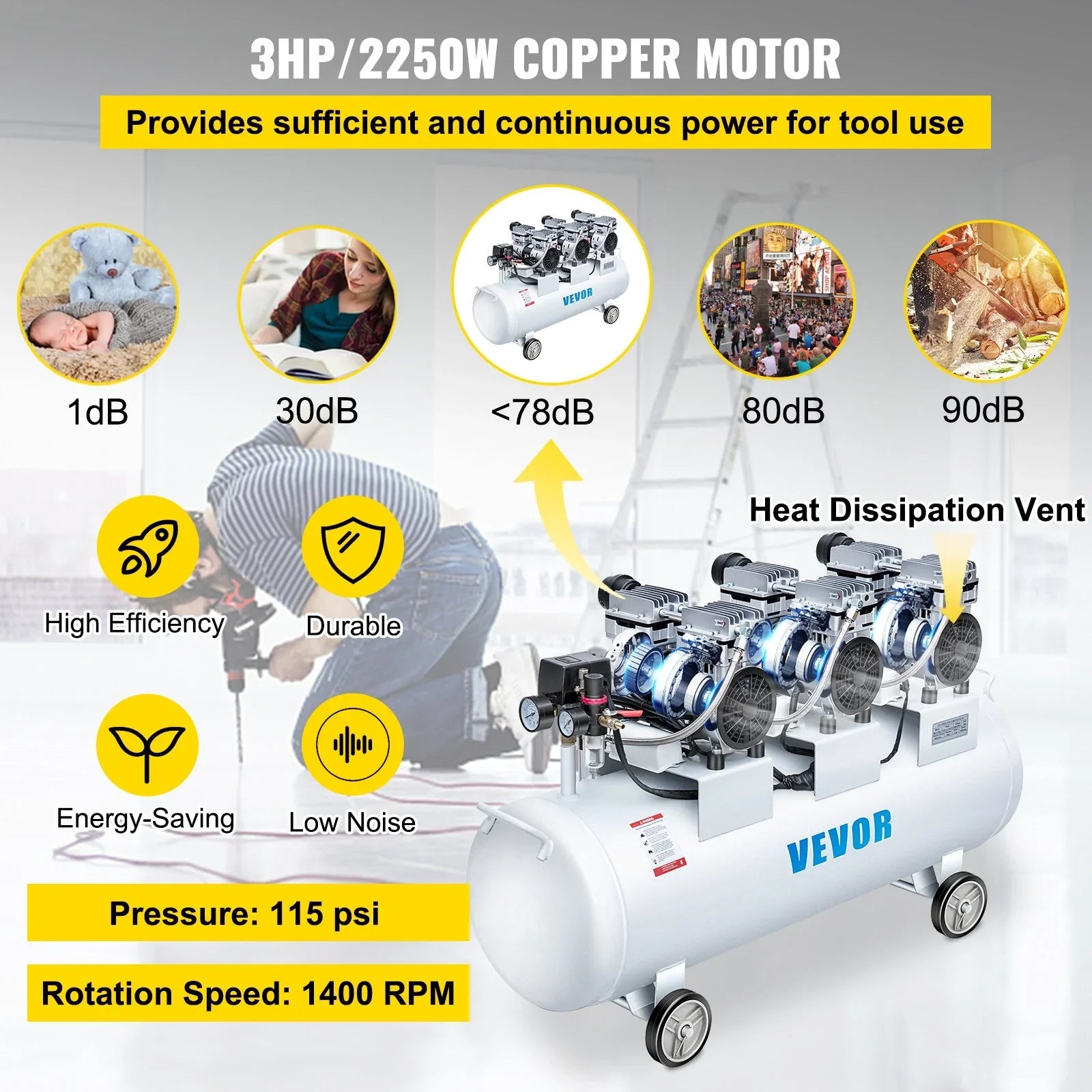 Oil Free Air Compressor Air Compressor Tank 100L 3HP Ultra Silent Inflator
