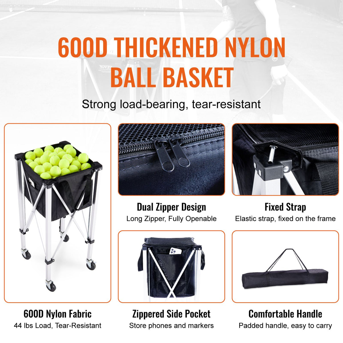 Foldable Tennis Ball Hopper Cart with Wheels Holds 150 Balls Aluminum Frame