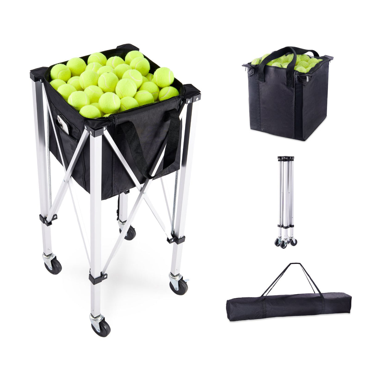 Foldable Tennis Ball Hopper Cart with Wheels Holds 150 Balls Aluminum Frame
