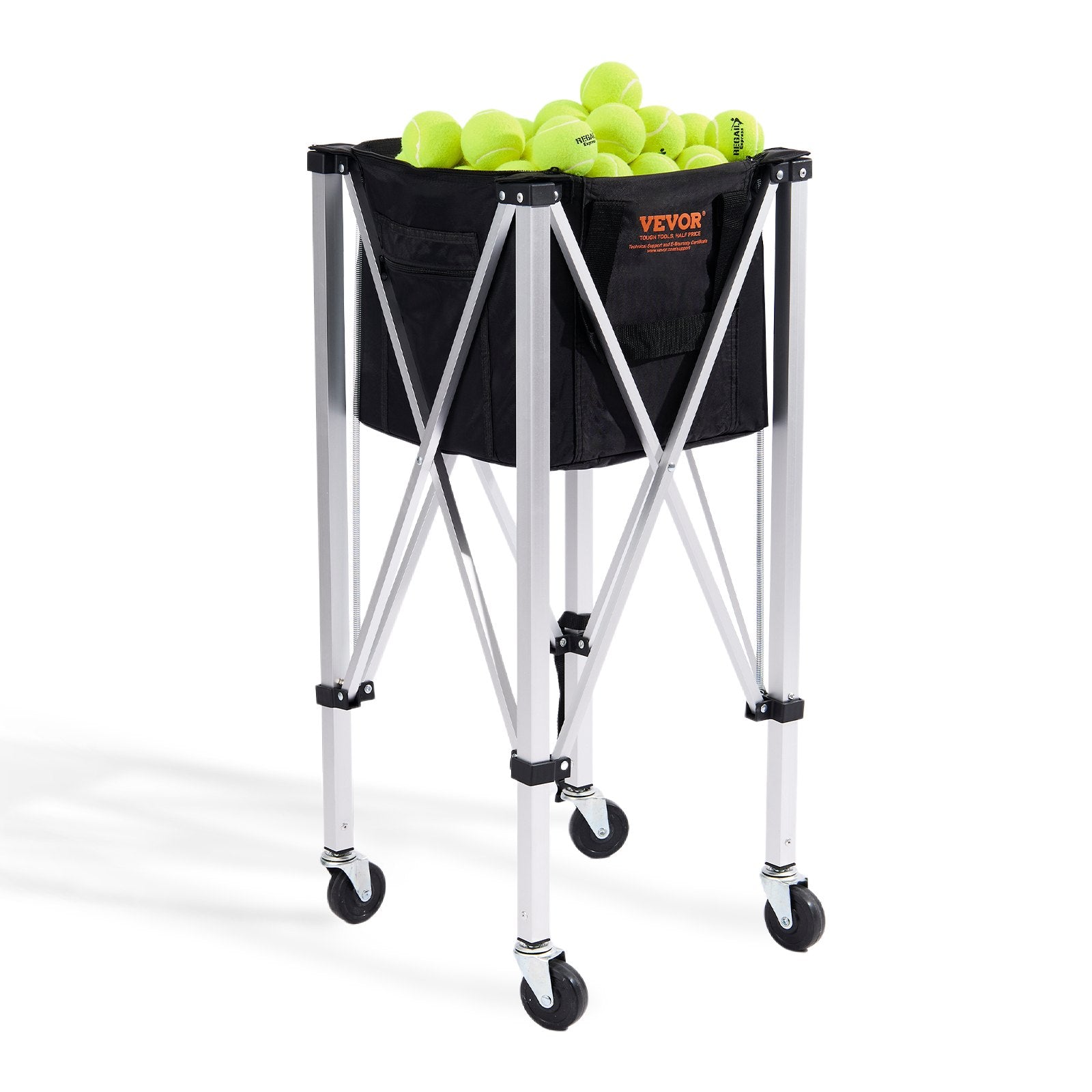 Foldable Tennis Ball Hopper, Holds 150 Tennis Balls, Lightweight Aluminum Alloy Tennis Ball Basket Cart with Wheels, Removable Bag, Carry Bag, Portable Sports Teaching Cart for Tennis Player