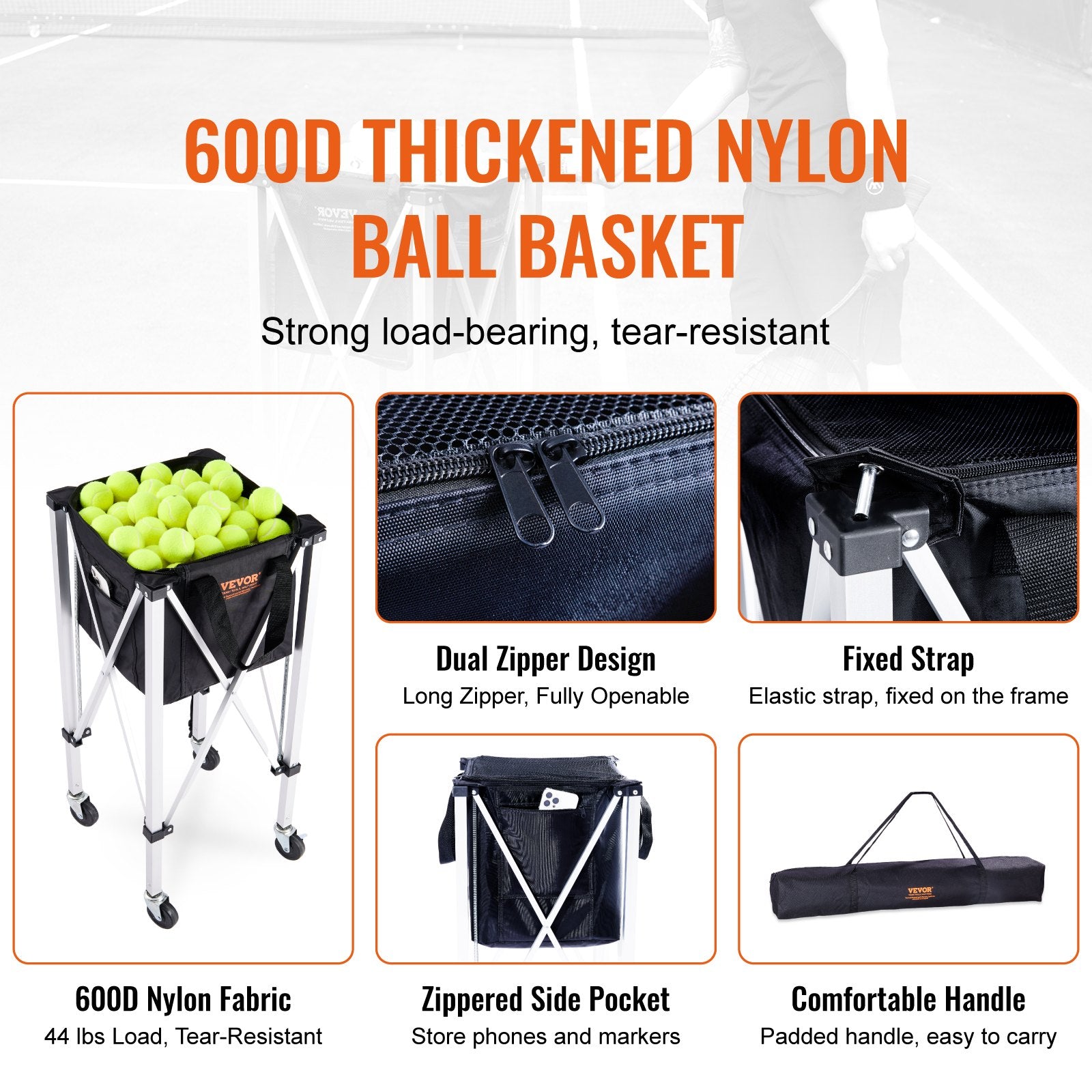 Foldable Tennis Ball Hopper, Holds 150 Tennis Balls, Lightweight Aluminum Alloy Tennis Ball Basket Cart with Wheels, Removable Bag, Carry Bag, Portable Sports Teaching Cart for Tennis Player
