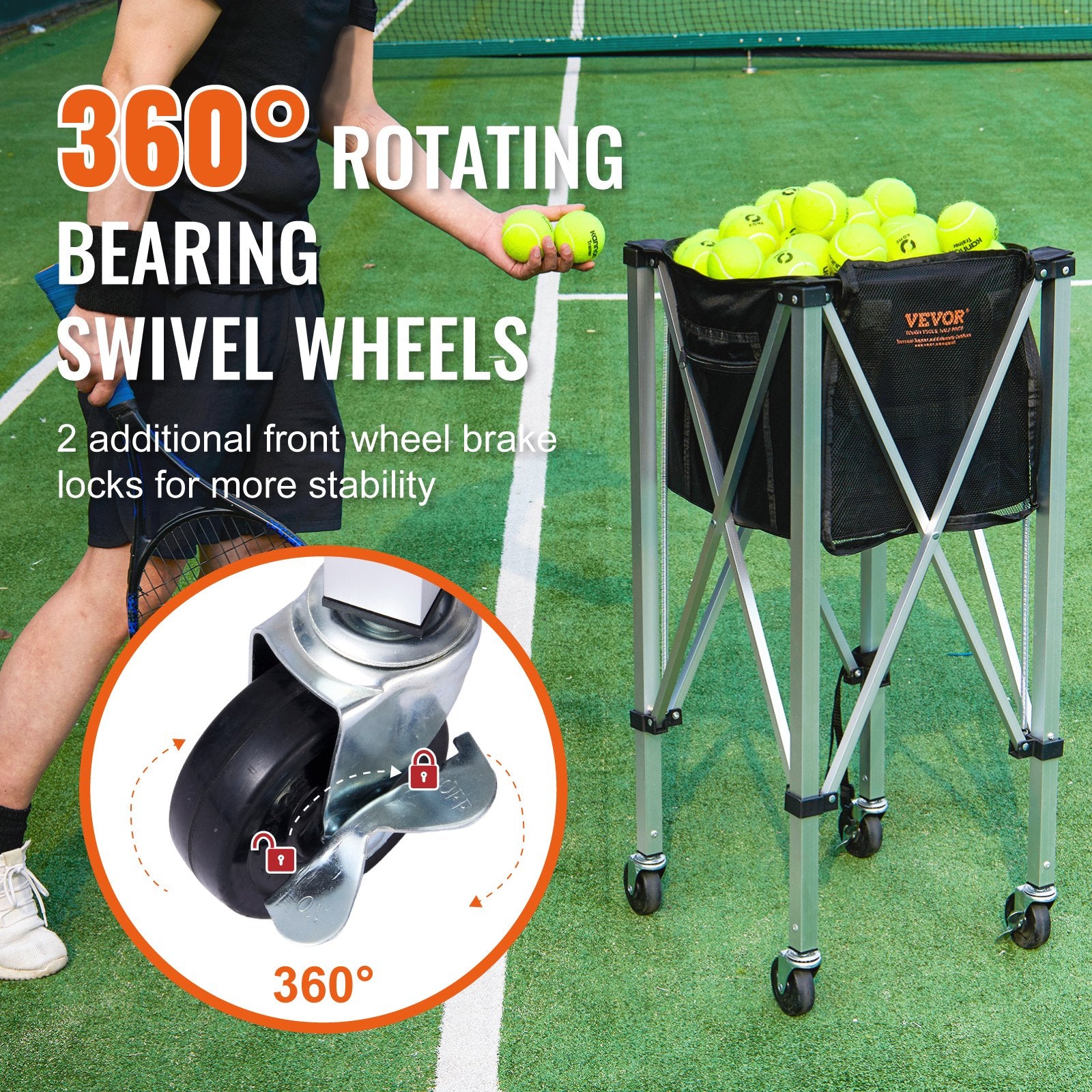 Foldable Tennis Ball Hopper, Holds 150 Tennis Balls, Lightweight Aluminum Alloy Tennis Ball Basket Cart with Wheels, Removable Bag, Carry Bag, Portable Sports Teaching Cart for Tennis Player