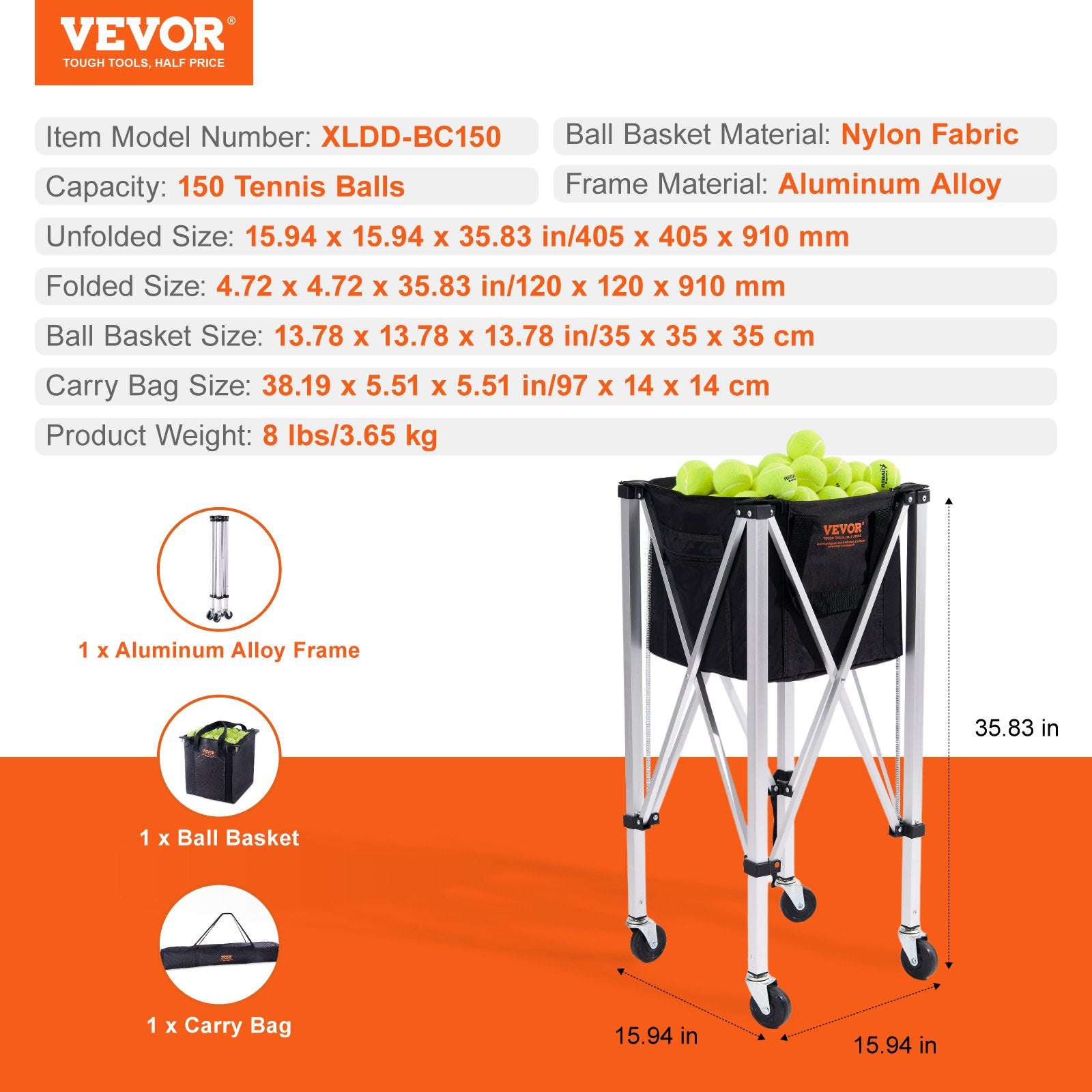 Foldable Tennis Ball Hopper, Holds 150 Tennis Balls, Lightweight Aluminum Alloy Tennis Ball Basket Cart with Wheels, Removable Bag, Carry Bag, Portable Sports Teaching Cart for Tennis Player