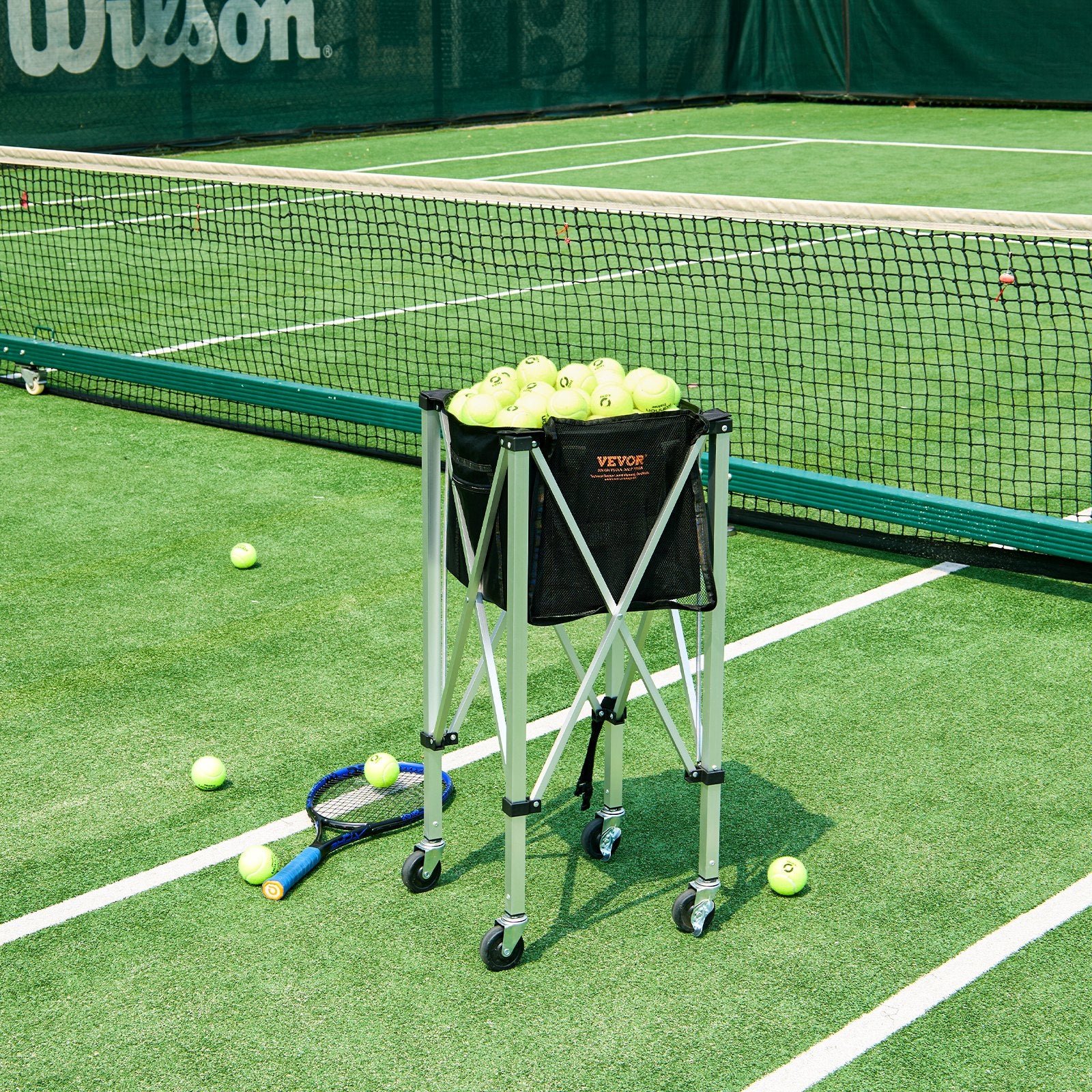 Foldable Tennis Ball Hopper, Holds 150 Tennis Balls, Lightweight Aluminum Alloy Tennis Ball Basket Cart with Wheels, Removable Bag, Carry Bag, Portable Sports Teaching Cart for Tennis Player