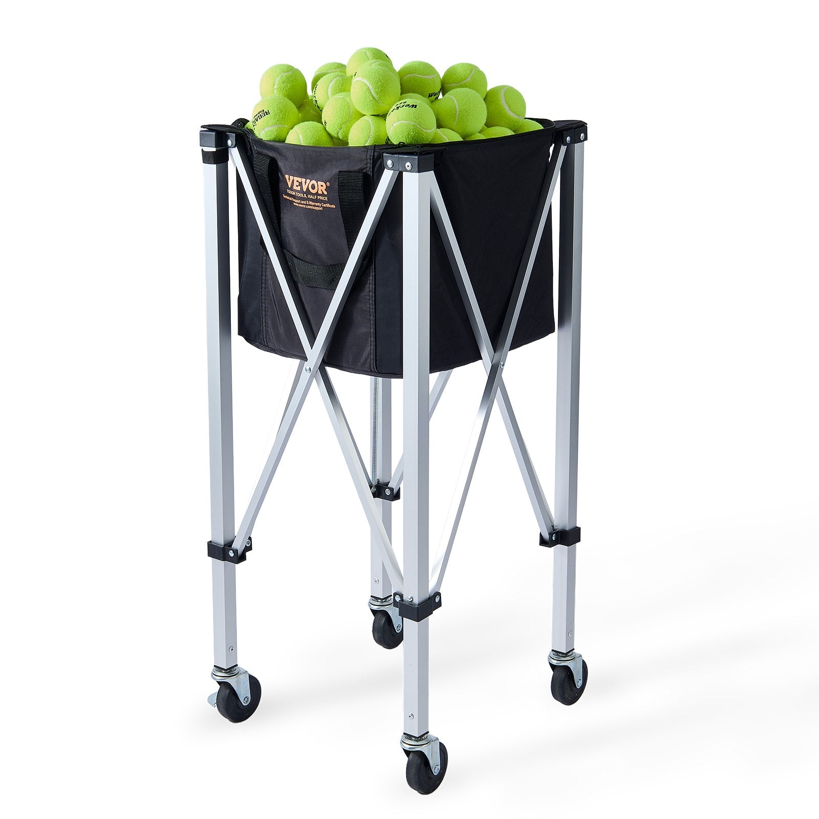 Foldable Tennis Ball Hopper, Holds 150 Tennis Balls, Lightweight Aluminum Alloy Tennis Ball Basket Cart with Wheels, Removable Bag, Carry Bag, Portable Sports Teaching Cart for Tennis Player