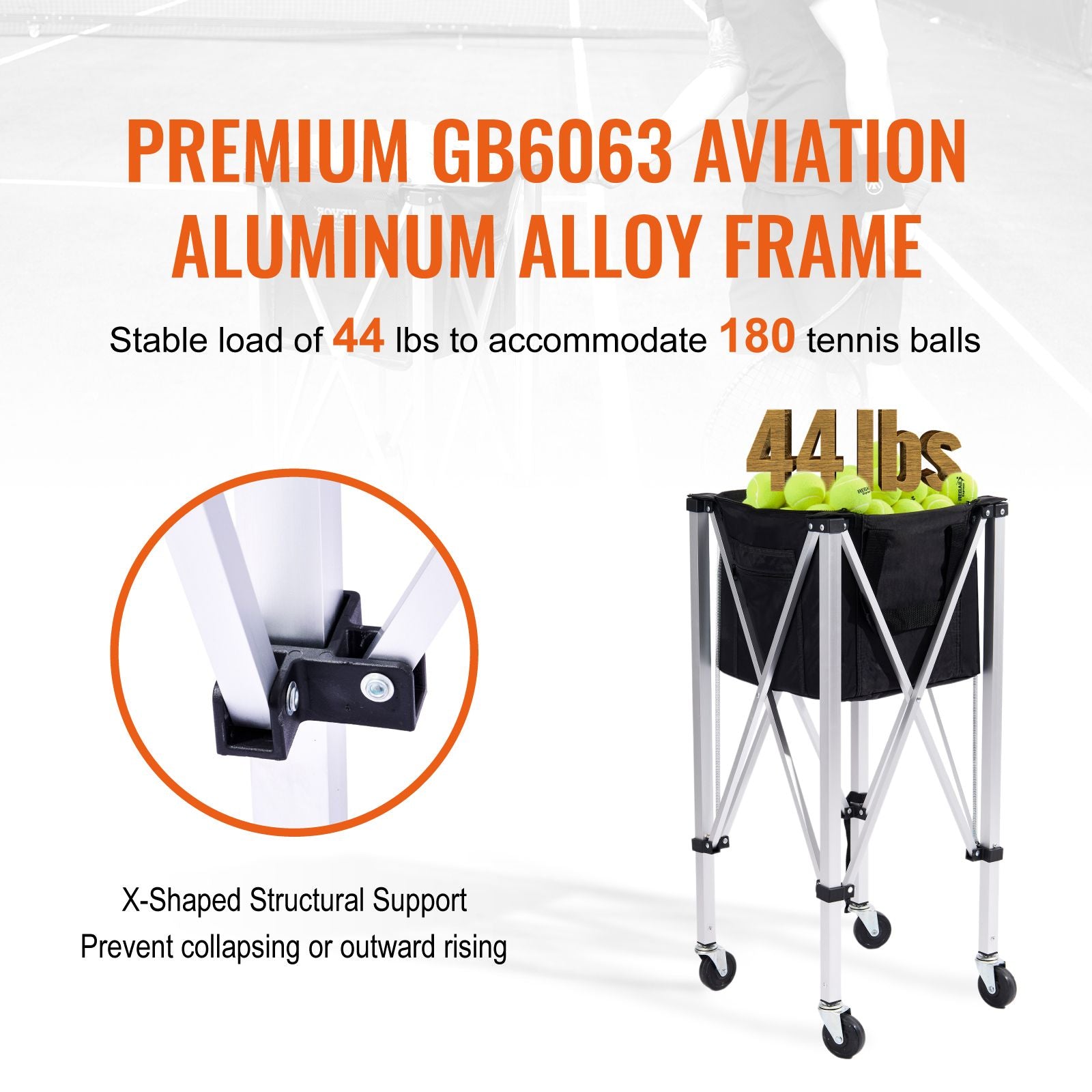 Foldable Tennis Ball Hopper Cart Holds 180 Balls Aluminum with Wheels