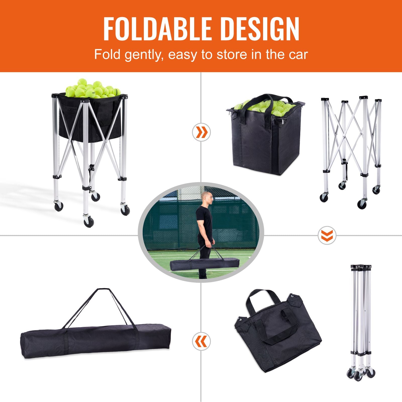 Foldable Tennis Ball Hopper Cart Holds 180 Balls Aluminum with Wheels