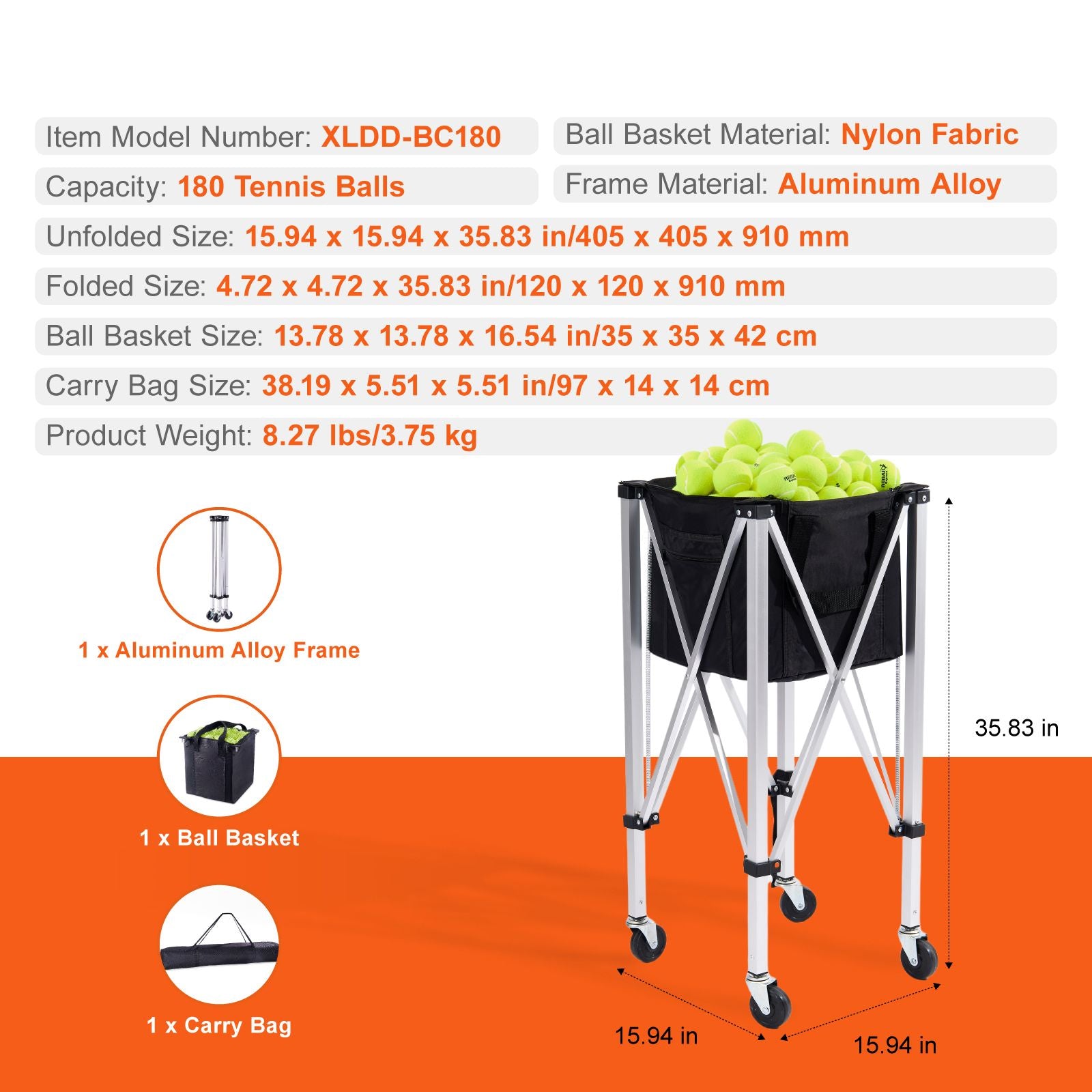 Foldable Tennis Ball Hopper Cart Holds 180 Balls Aluminum with Wheels
