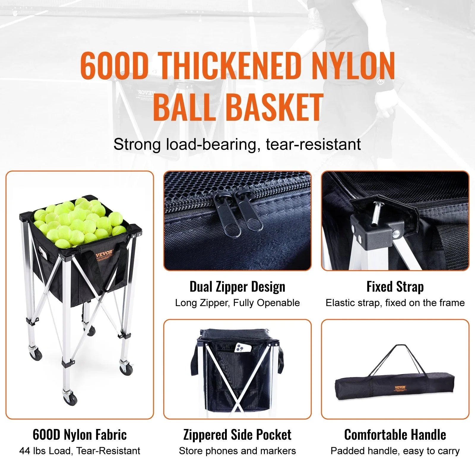 Foldable Tennis Ball Hopper, Holds 180 Tennis Balls, Lightweight Aluminum Alloy Tennis Ball Basket Cart with Wheels, Removable Bag, Carry Bag, Portable Sports Teaching Cart for Tennis Player
