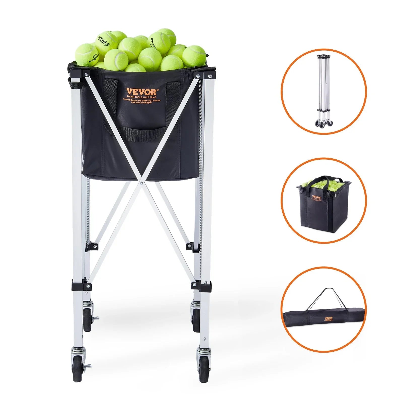 Foldable Tennis Ball Hopper, Holds 180 Tennis Balls, Lightweight Aluminum Alloy Tennis Ball Basket Cart with Wheels, Removable Bag, Carry Bag, Portable Sports Teaching Cart for Tennis Player
