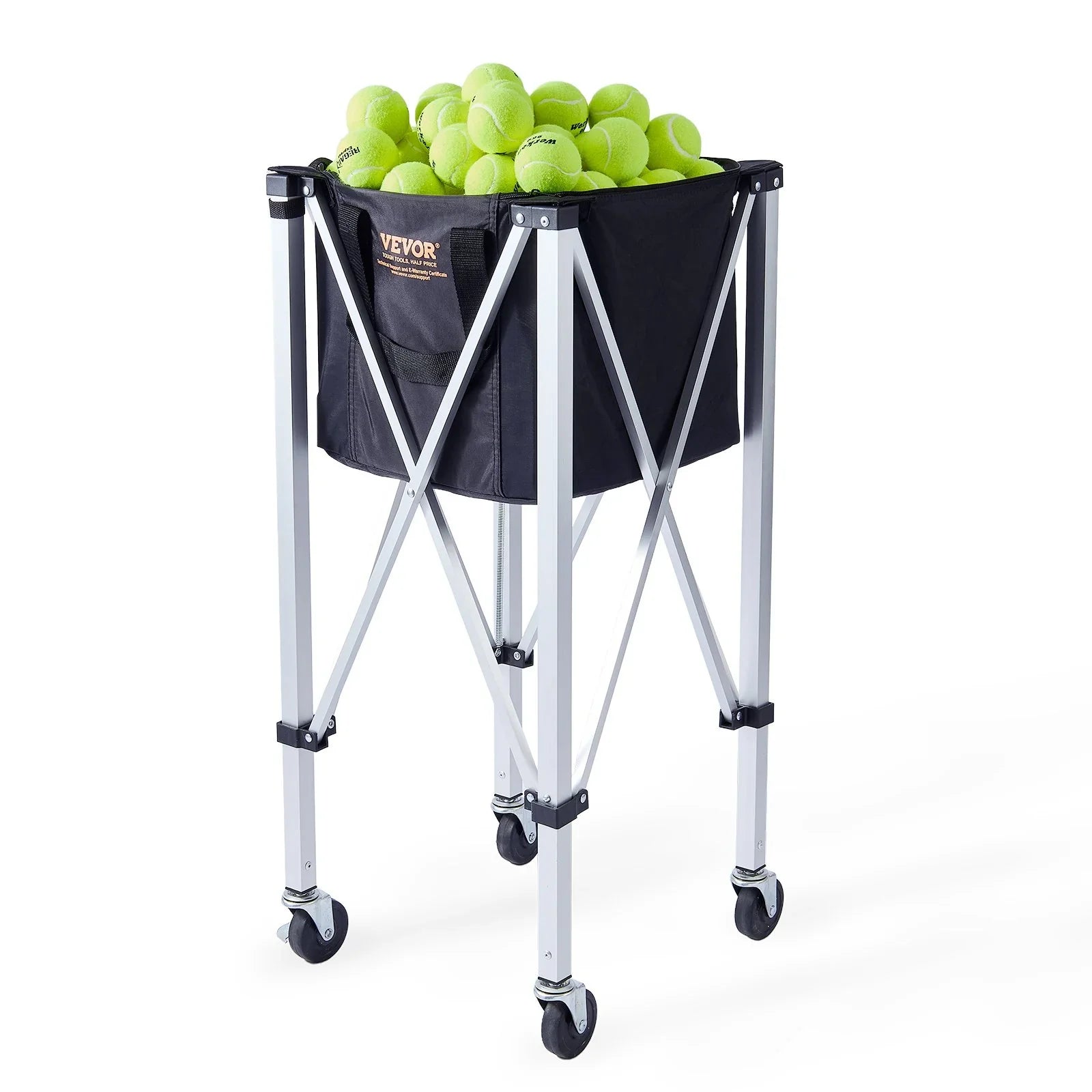 Foldable Tennis Ball Hopper, Holds 180 Tennis Balls, Lightweight Aluminum Alloy Tennis Ball Basket Cart with Wheels, Removable Bag, Carry Bag, Portable Sports Teaching Cart for Tennis Player