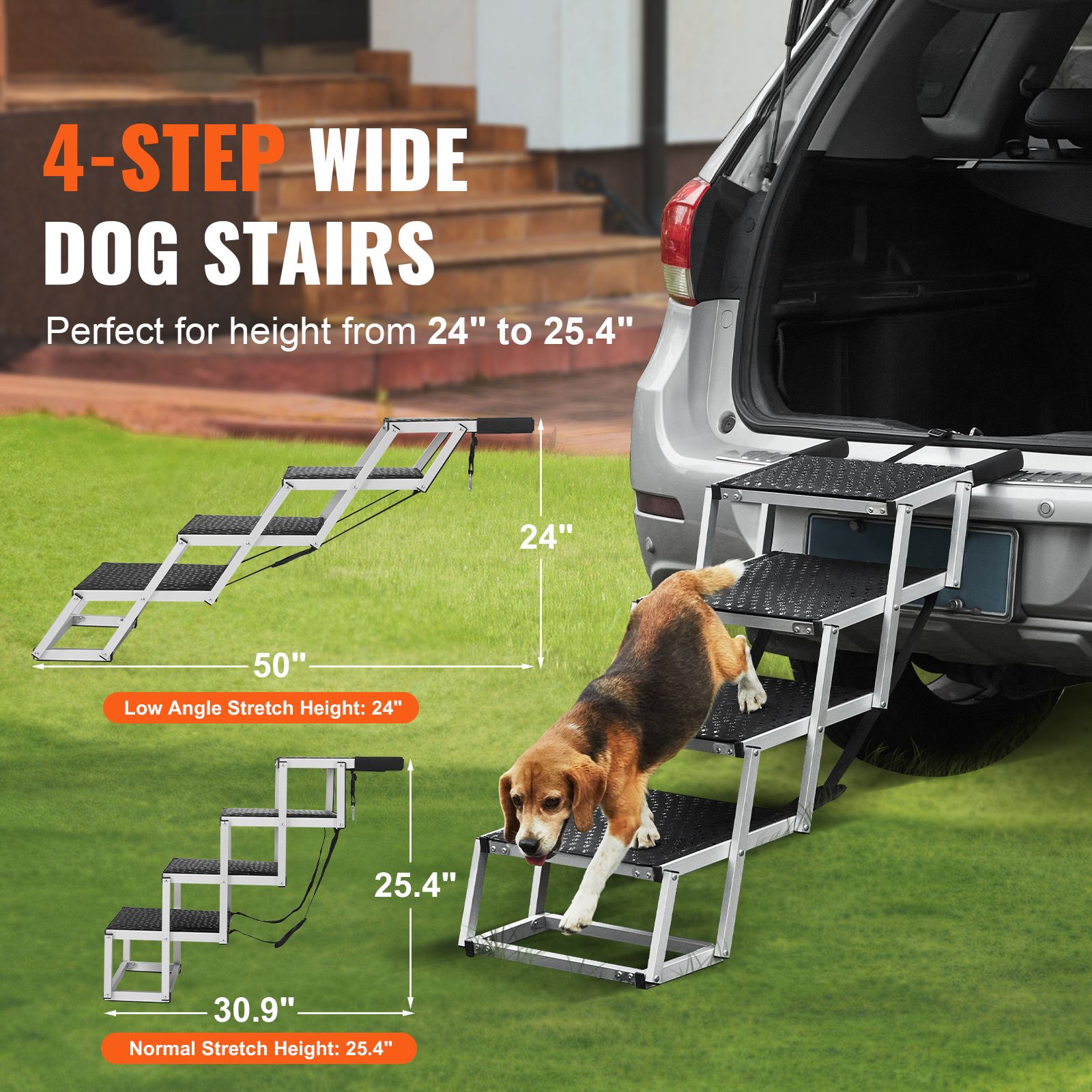 Dog Stair for Cars 4-step Folding Dog Steps Aluminum Loads up to 150 lbs, Foldable 24-25.4 in Adjustable Height