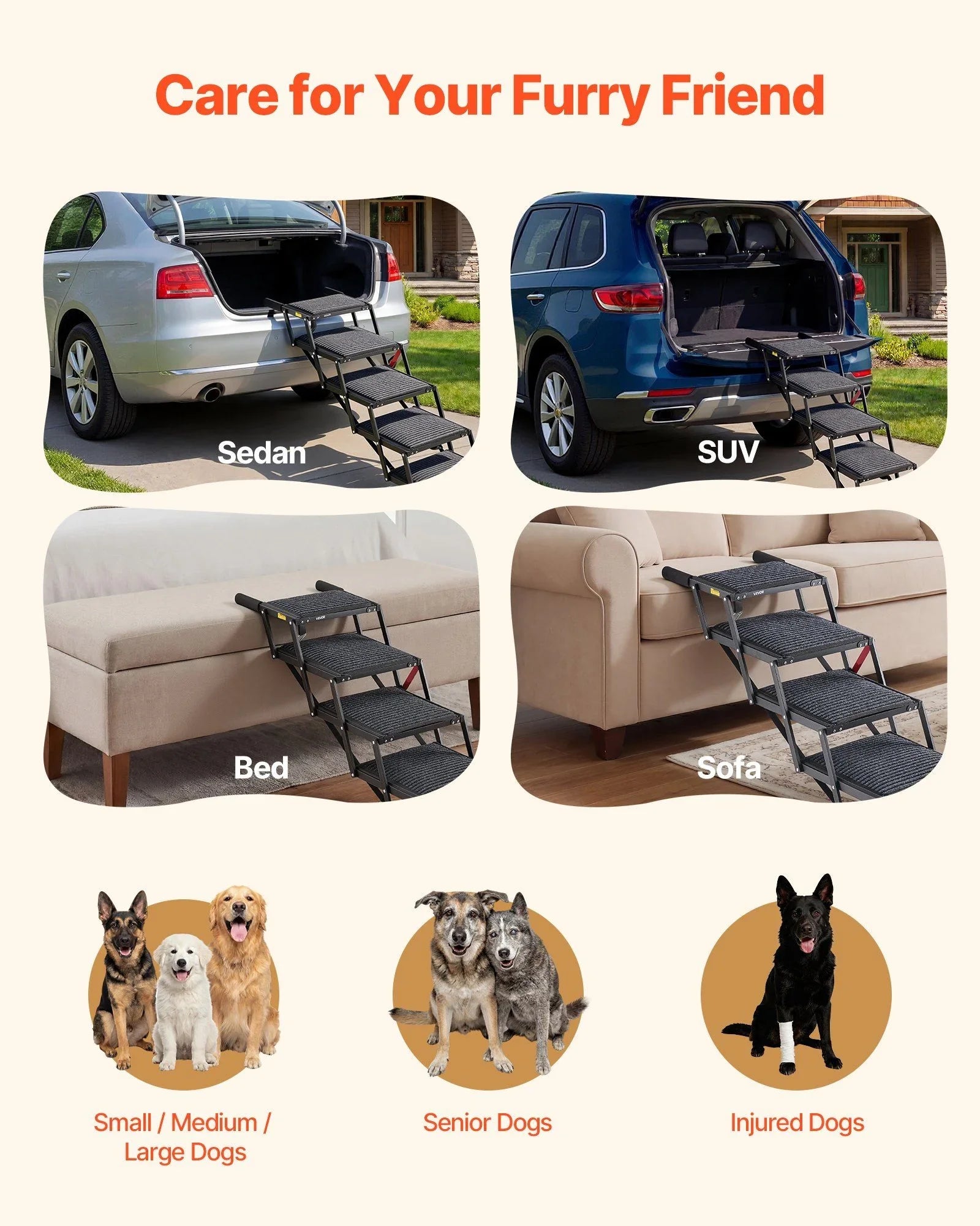 Dog Stairs for Car, 5 Steps Extra Wide Foldable Dog Ramp for Large Dogs with Non-Slip Rug Surface, Portable Lightweight Pet Ladder for Car, SUV, Truck, High Beds, Sofas, Support up to 91 kg