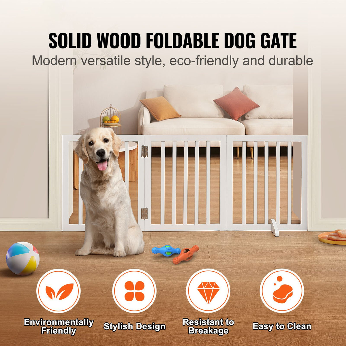 60in Foldable Freestanding Dog Gate Wooden Pet Barrier 3 Panel Indoor White