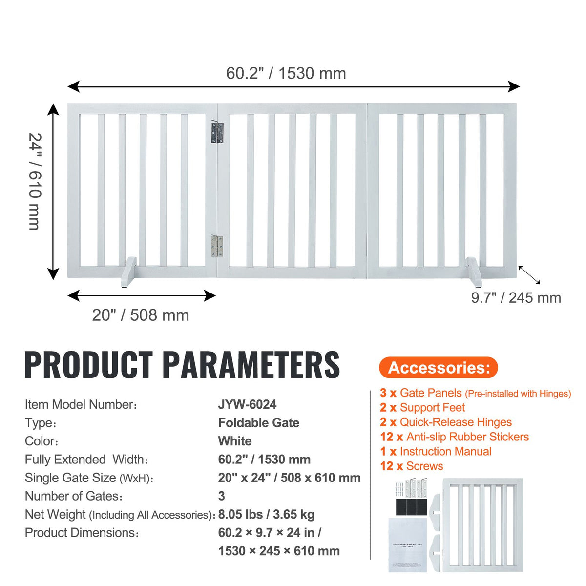 60in Foldable Freestanding Dog Gate Wooden Pet Barrier 3 Panel Indoor White