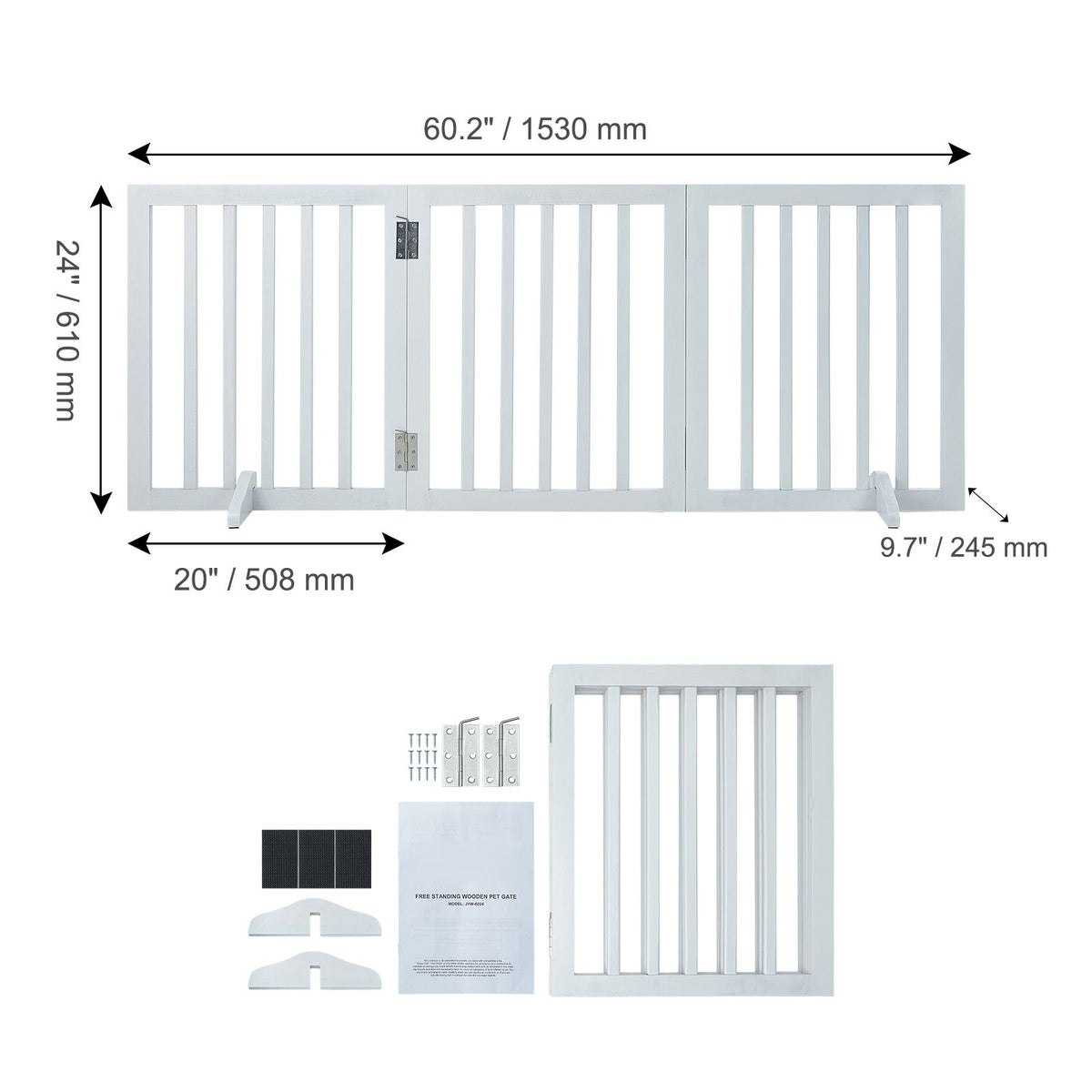 60in Foldable Freestanding Dog Gate Wooden Pet Barrier 3 Panel Indoor White