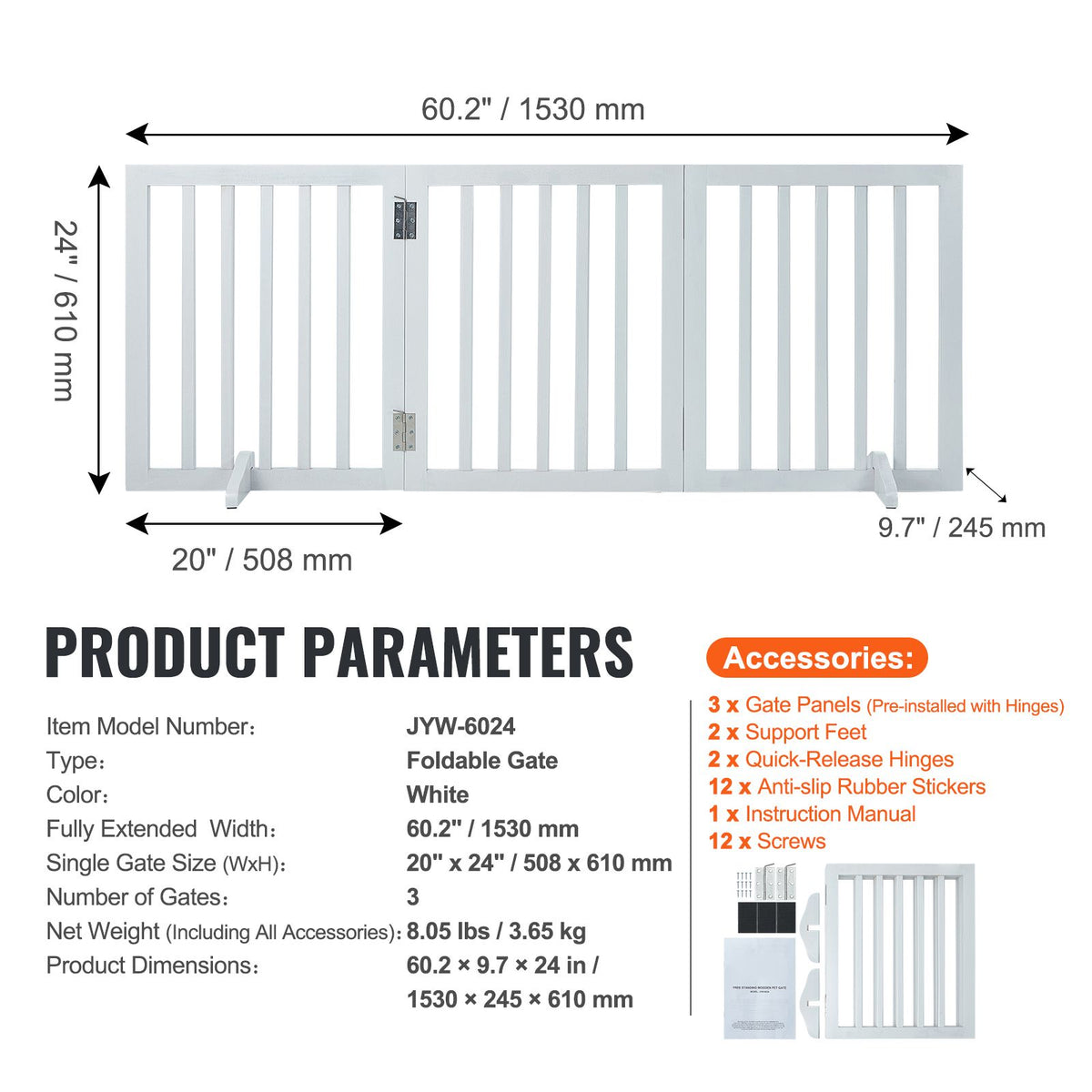 60in Foldable Freestanding Dog Gate Wooden Pet Barrier 3 Panel Indoor White