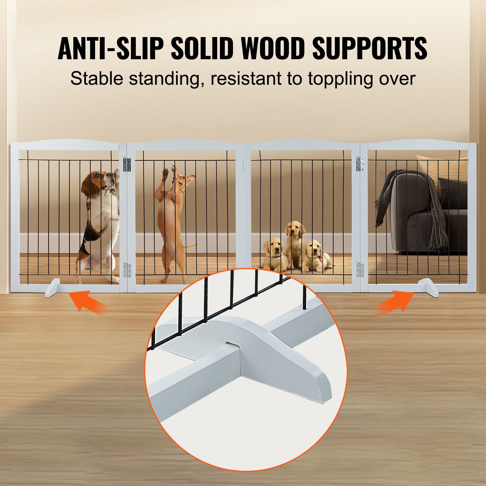 96.5in Foldable Freestanding Dog Gate Wooden Pet Barrier 4 Panel White