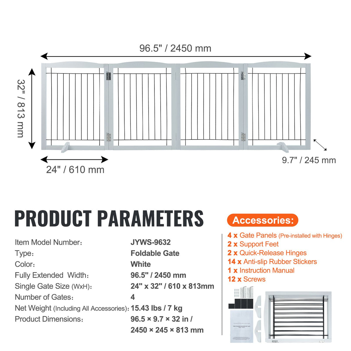 96.5in Foldable Freestanding Dog Gate Wooden Pet Barrier 4 Panel White