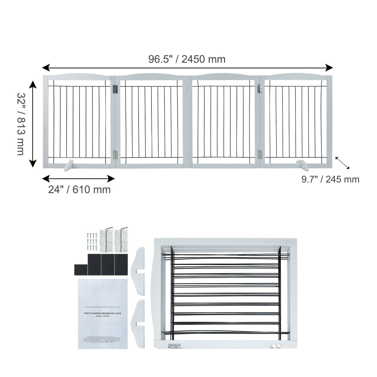 96.5in Foldable Freestanding Dog Gate Wooden Pet Barrier 4 Panel White