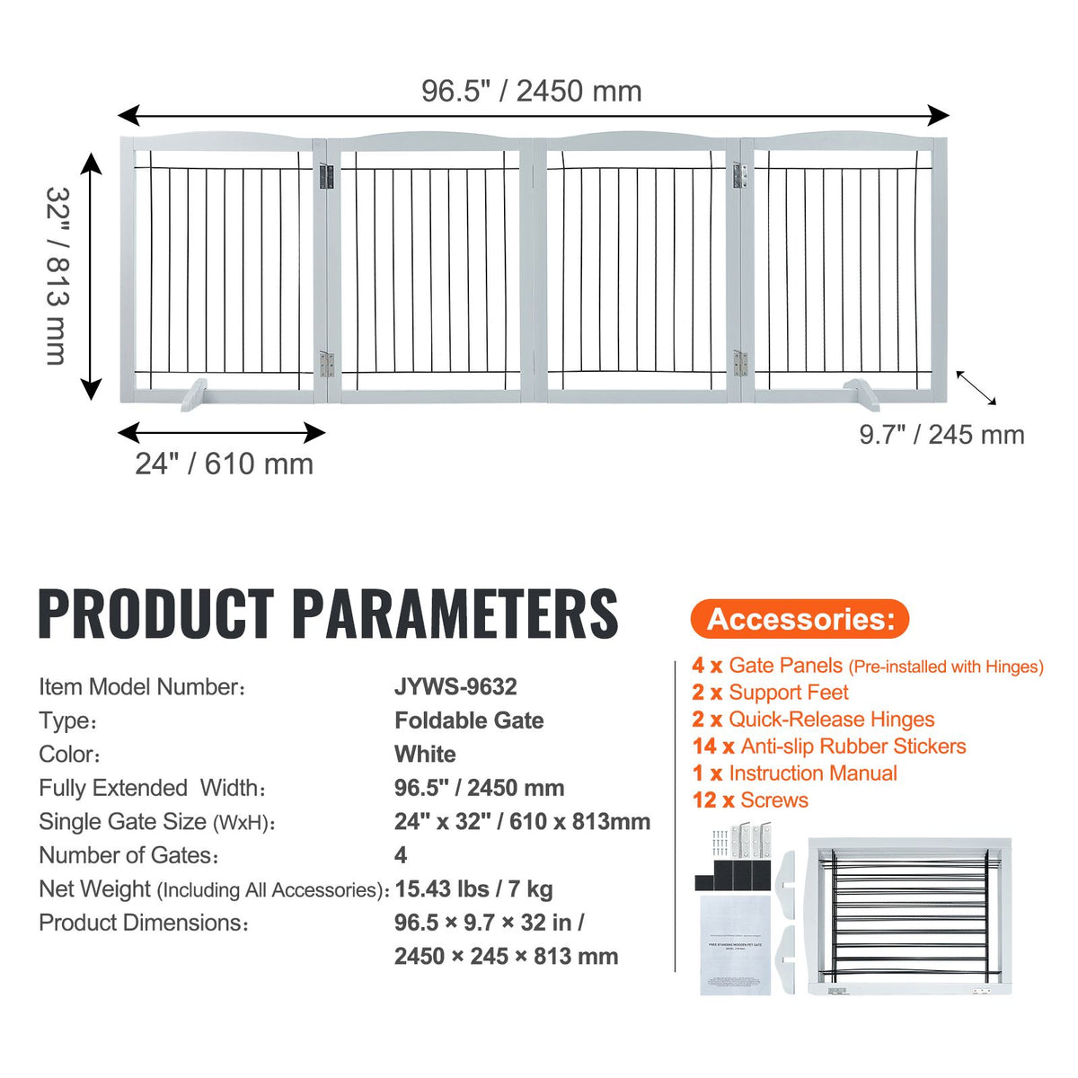 96.5in Foldable Freestanding Dog Gate Wooden Pet Barrier 4 Panel White