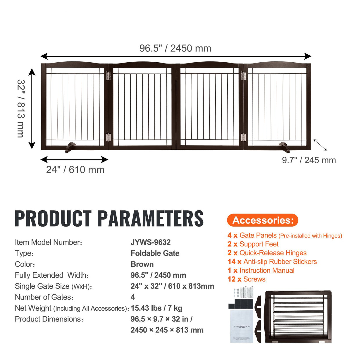Free Standing Dog Gate 32x96.5 inch Freestanding Pet Gate Foldable Brown