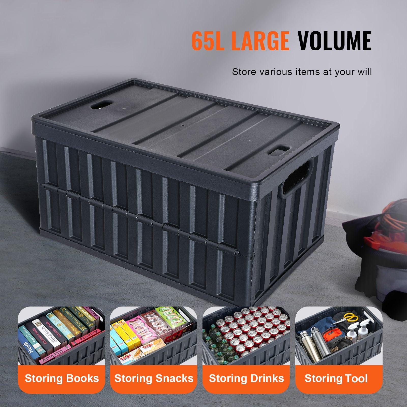 65L Collapsible Storage Bins with Lids 3 Pack Folding Stackable Crates