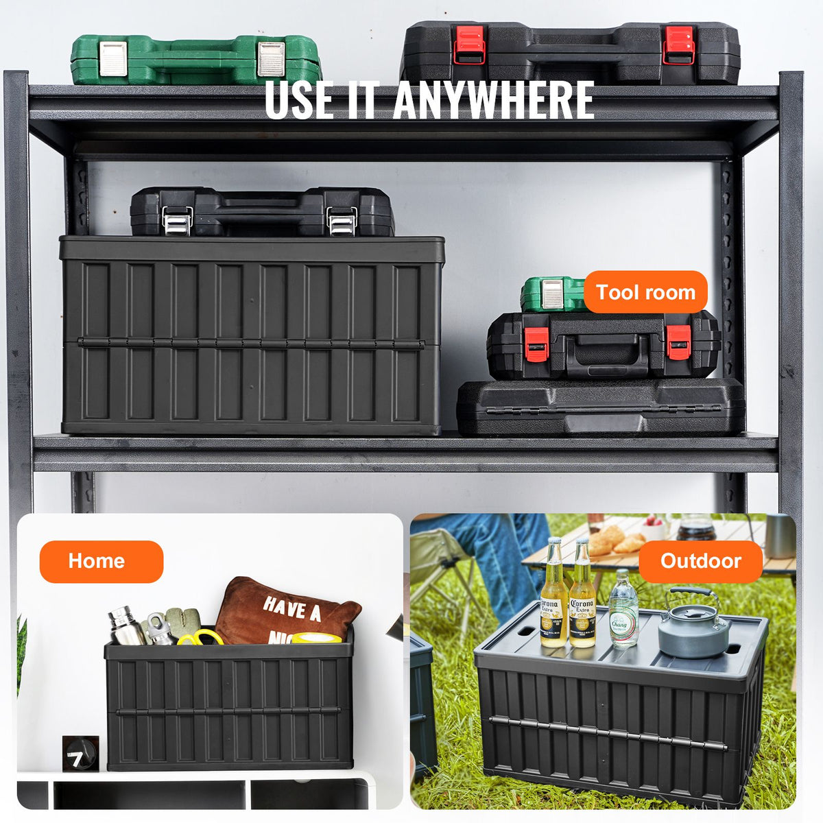 65L Collapsible Storage Bins with Lids 3 Pack Folding Stackable Crates
