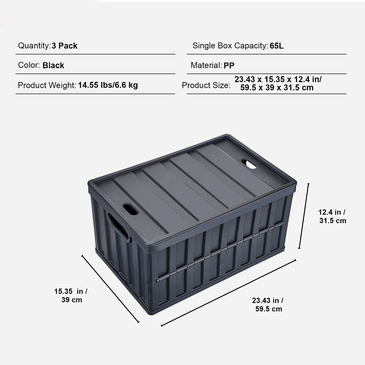 65L Collapsible Storage Bins with Lids 3 Pack Folding Stackable Crates