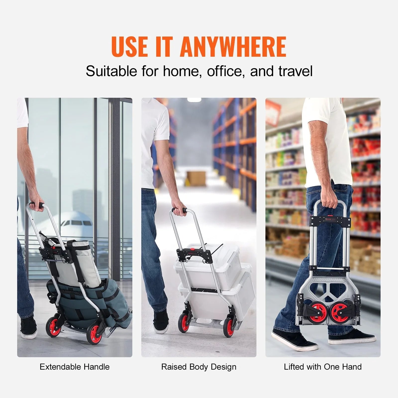 Folding Hand Truck, 80 kg Load Capacity, Aluminum Portable Cart, Convertible Hand Truck and Dolly with Telescoping Handle and Rubber Wheels, Ultra Lightweight Super Strong for Moving Warehouse
