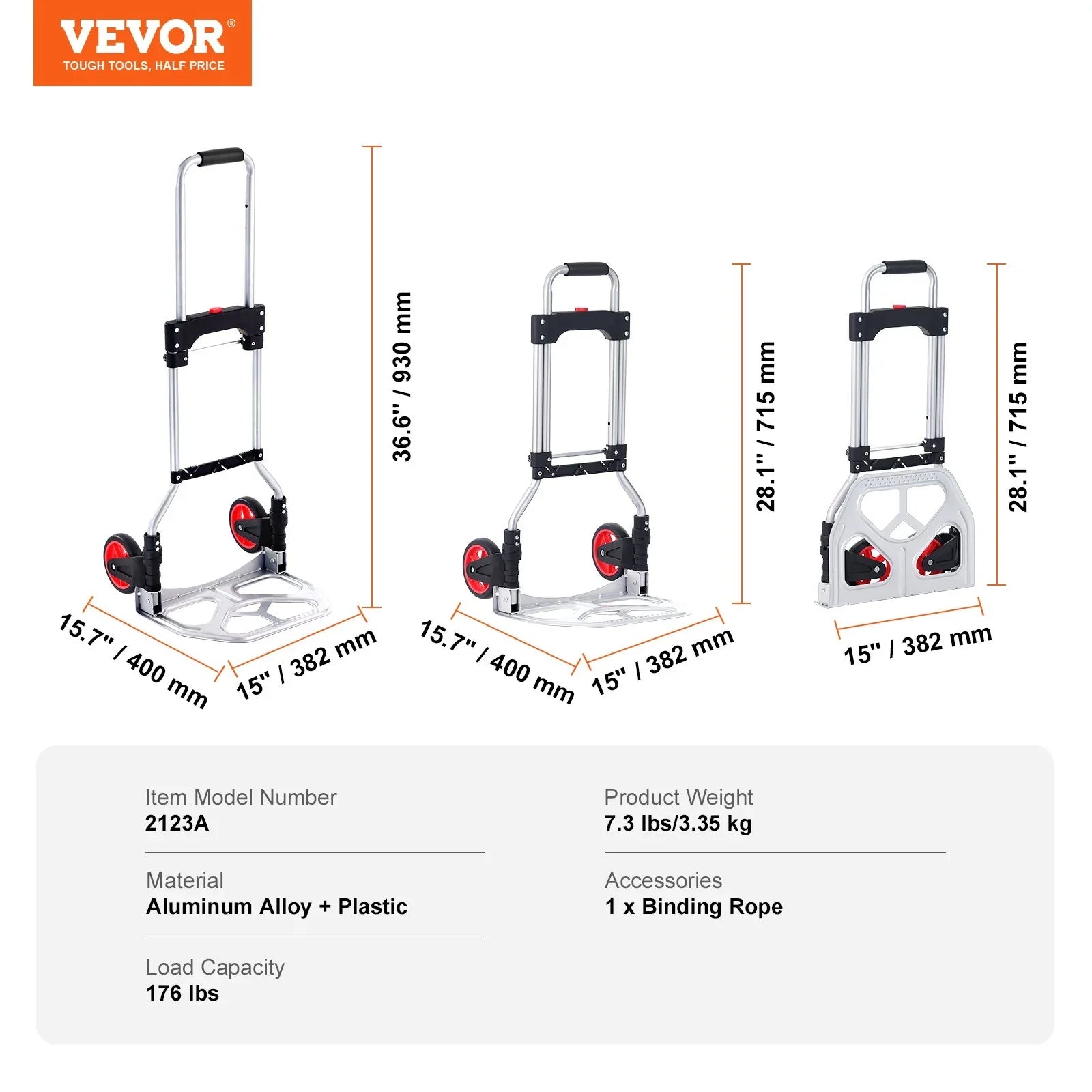 Folding Hand Truck, 80 kg Load Capacity, Aluminum Portable Cart, Convertible Hand Truck and Dolly with Telescoping Handle and Rubber Wheels, Ultra Lightweight Super Strong for Moving Warehouse