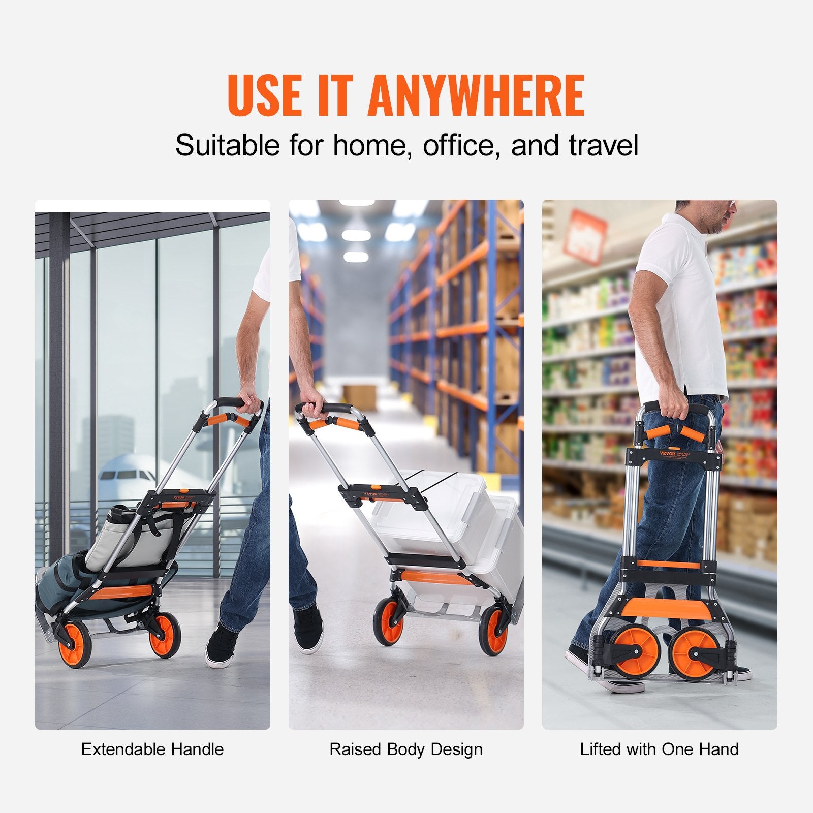 Folding Hand Truck, 140 kg Load Capacity, Aluminum Portable Cart, Convertible Hand Truck and Dolly with Telescoping Handle and PP+TPR Wheels, Ultra Lightweight Super Strong for Moving Warehouse