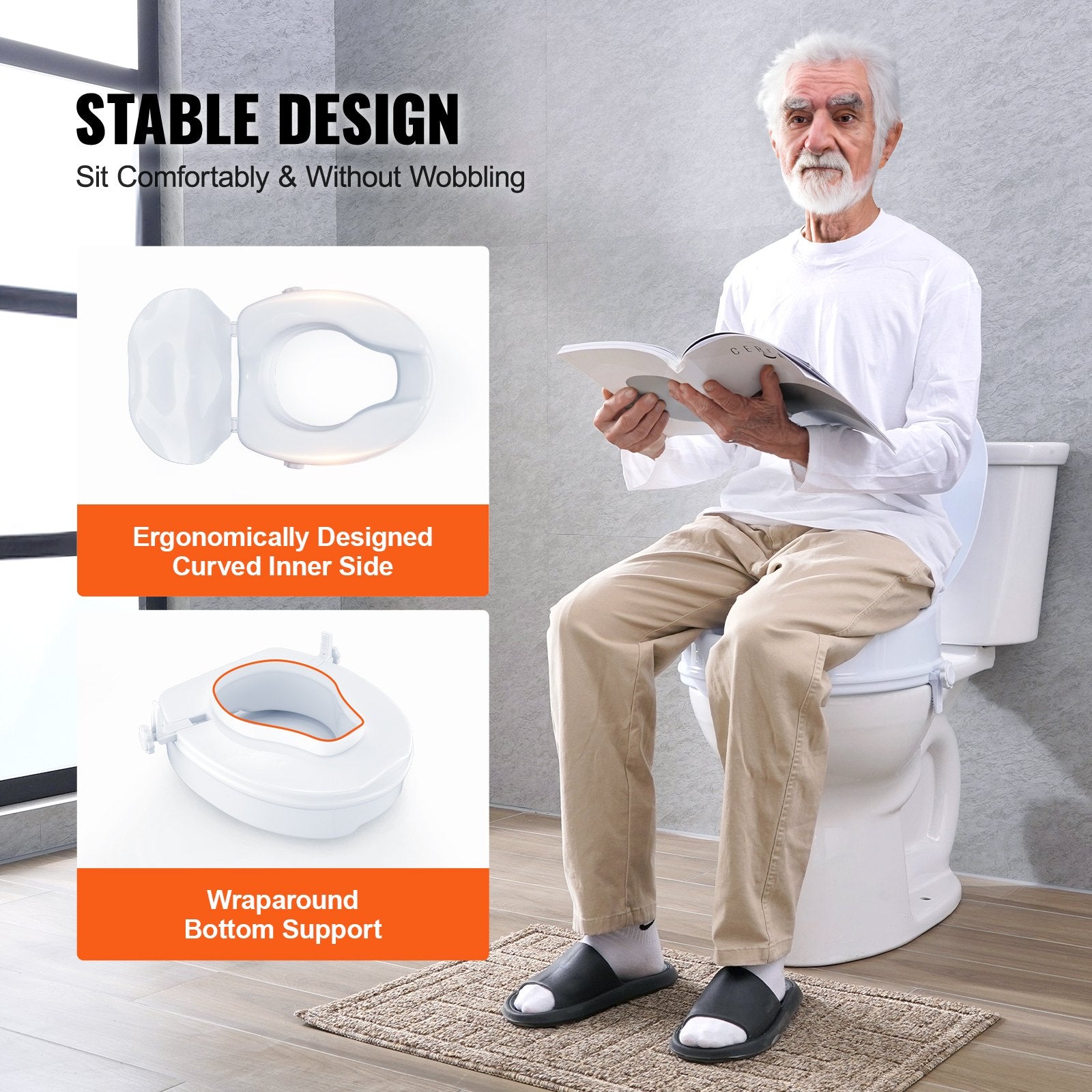 Raised Toilet Seat, 100 mm Height Raised, 136 kg Weight Capacity, Universal Toilet Seat Riser, Screw Rod Locking, with Toilet Seat, for Elderly, Handicap, Patient, Pregnant, Medical