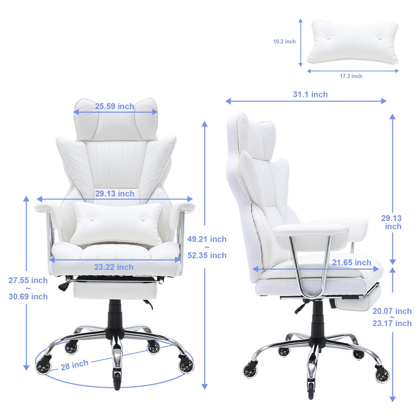 Reclining Office Chair with Footrest, Heavy Duty PU Leather Wide Office Chair, Big and Tall Executive Office Chairs with Lumbar Support, Strong Metal Base Quiet Wheels, White