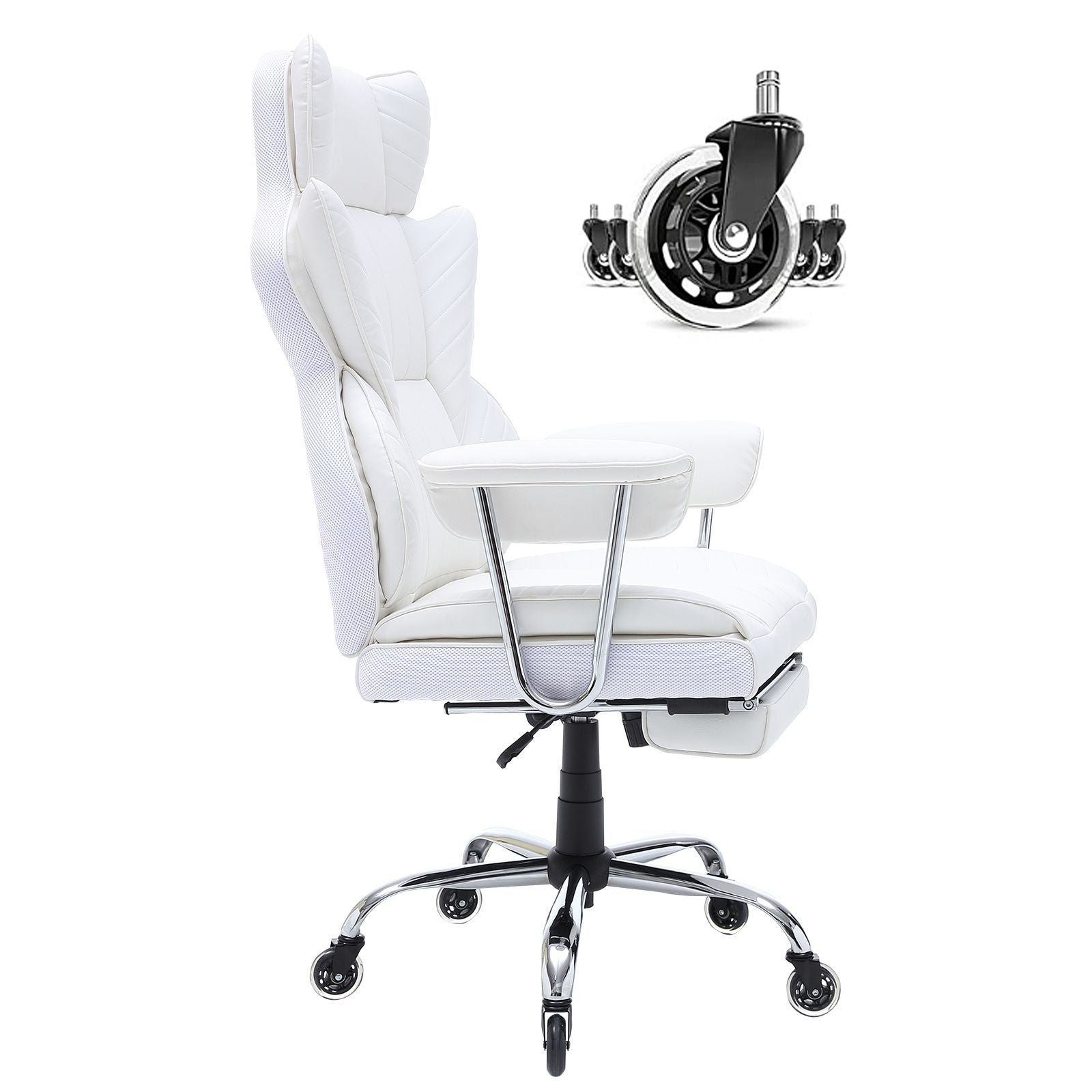 Reclining Office Chair with Footrest, Heavy Duty PU Leather Wide Office Chair, Big and Tall Executive Office Chairs with Lumbar Support, Strong Metal Base Quiet Wheels, White