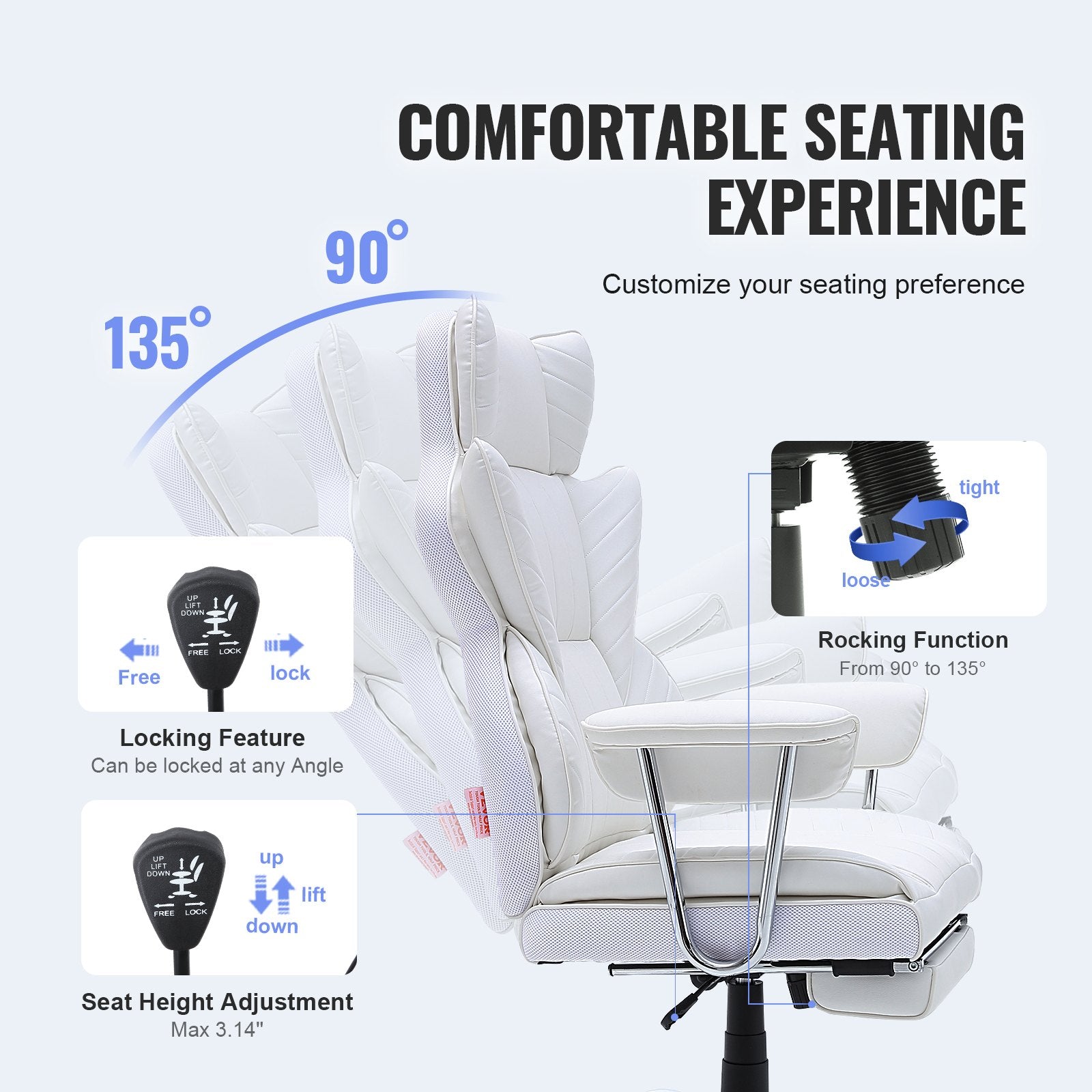 Reclining Office Chair with Footrest, Heavy Duty PU Leather Wide Office Chair, Big and Tall Executive Office Chairs with Lumbar Support, Strong Metal Base Quiet Wheels, White