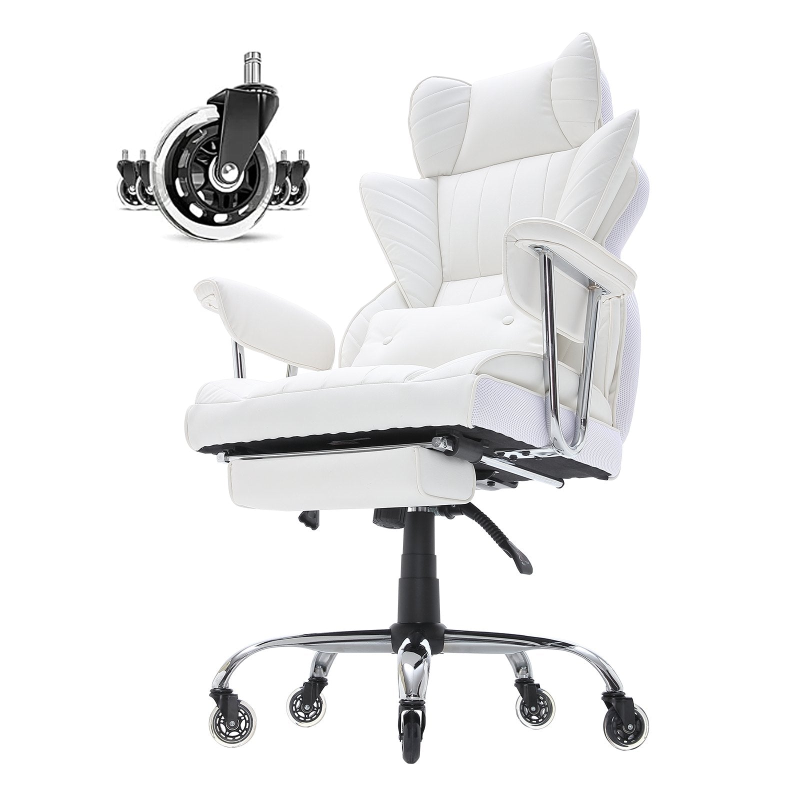 Reclining Office Chair with Footrest, Heavy Duty PU Leather Wide Office Chair, Big and Tall Executive Office Chairs with Lumbar Support, Strong Metal Base Quiet Wheels, White