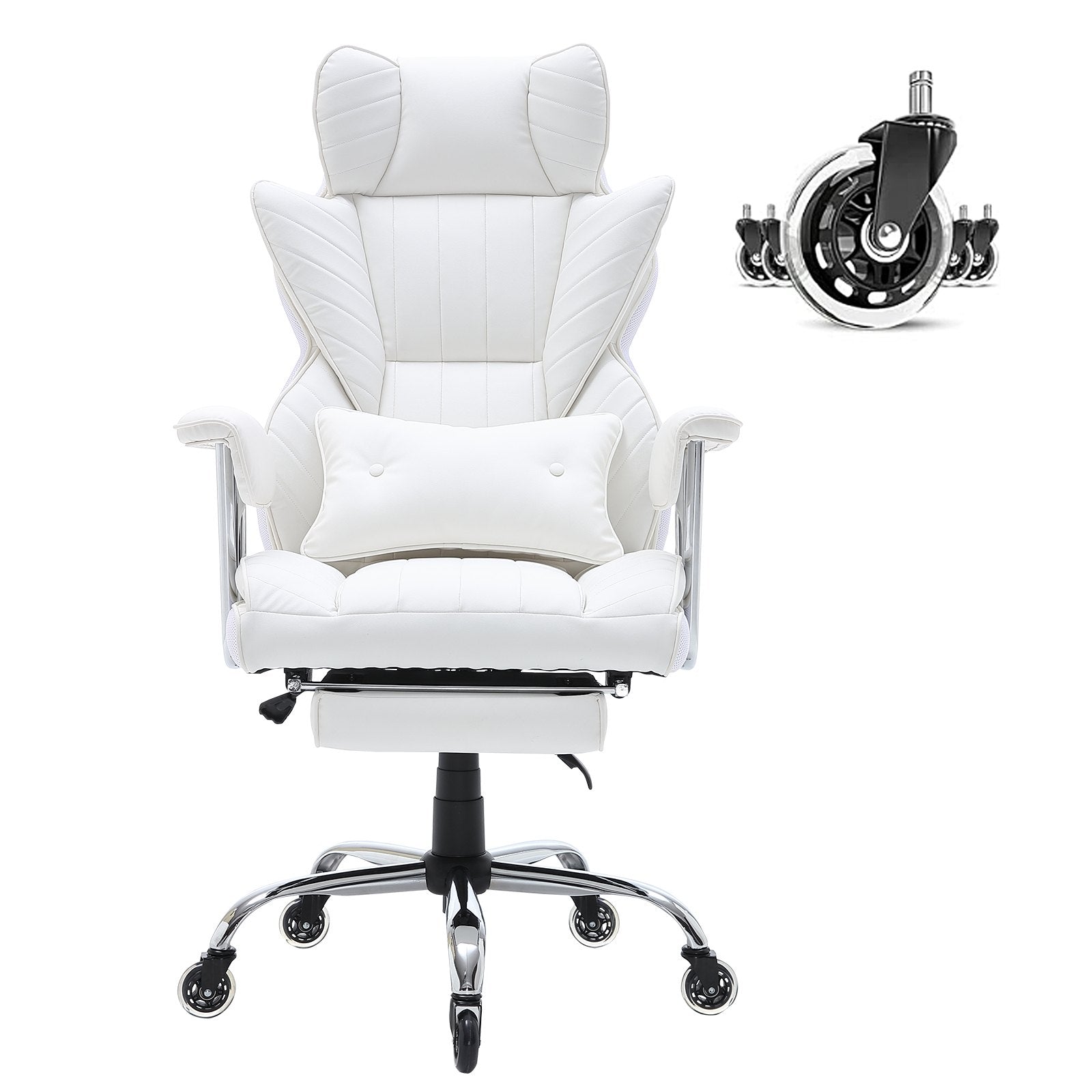 Reclining Office Chair with Footrest, Heavy Duty PU Leather Wide Office Chair, Big and Tall Executive Office Chairs with Lumbar Support, Strong Metal Base Quiet Wheels, White