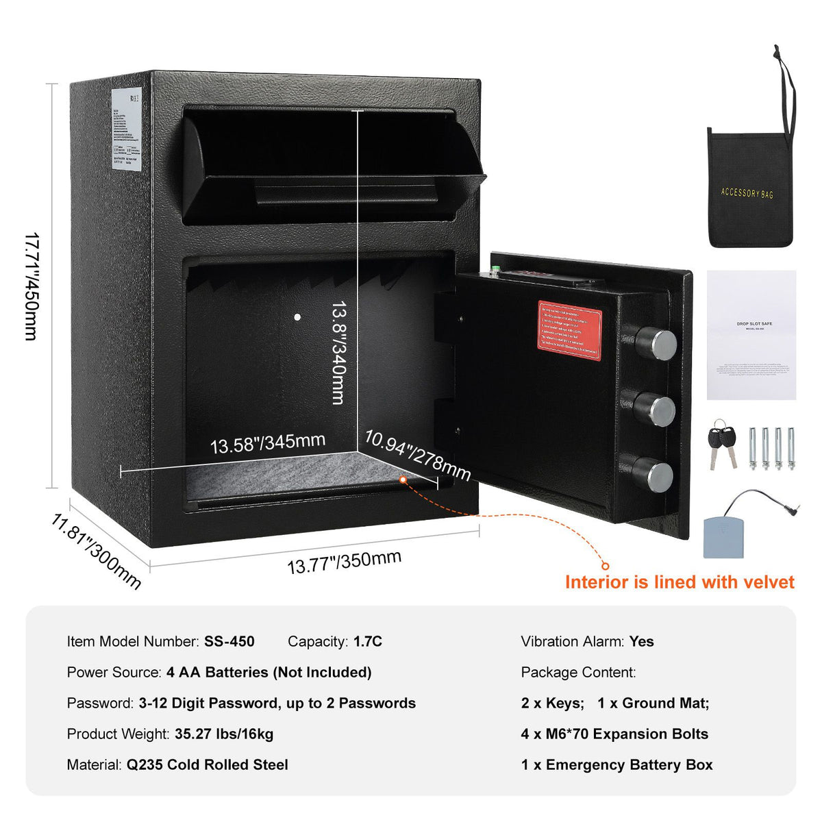 1.7 Cub Depository Safe, Deposit Safe with Drop Slot, Electronic Code Lock and 2 Emergency Keys, 17.71'' x 13.77'' x 13.77'' Business Drop Slot Safe for Cash, Mail in Home, Hotel, Office