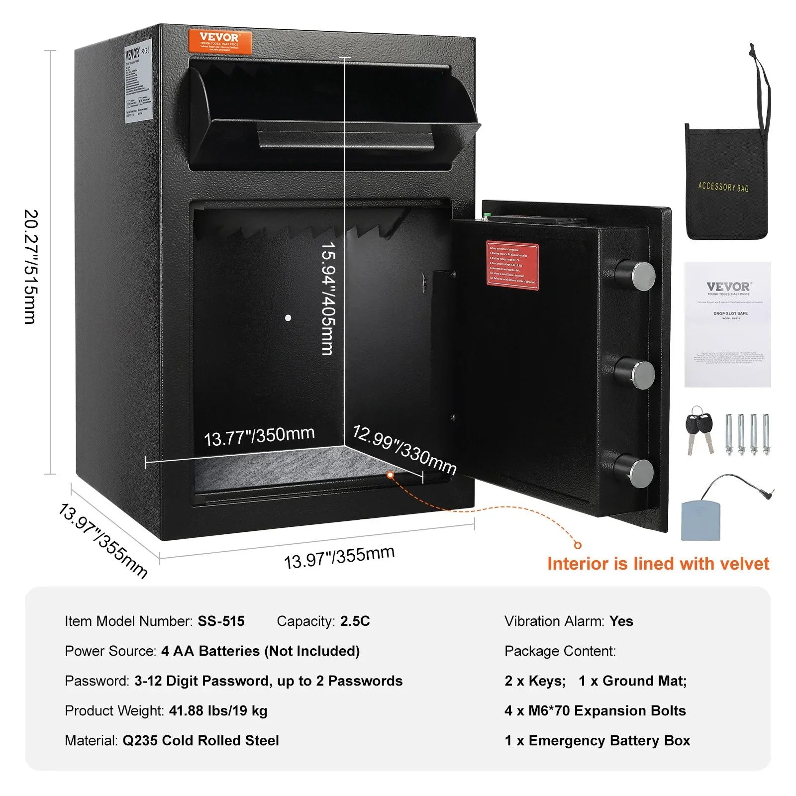 2.5 Cub Depository Safe, Deposit Safe with Drop Slot, Electronic Code Lock and 2 Emergency Keys, 20.27'' x 13.97'' x 13.97'' Business Drop Slot Safe for Cash, Mail in Home, Hotel, Office