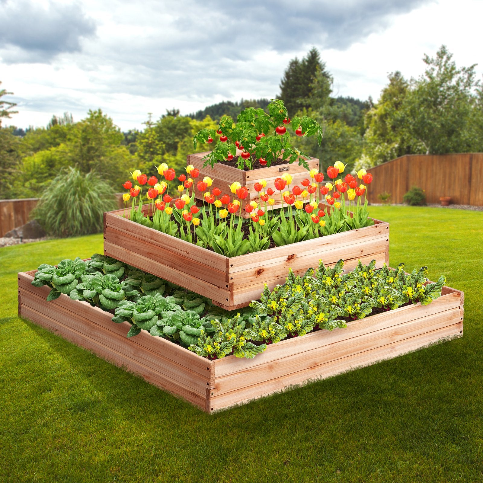 VEVOR Wooden Raised Garden Bed Planter Box 113 x 113 x 51 cm Flower Vegetable Herb