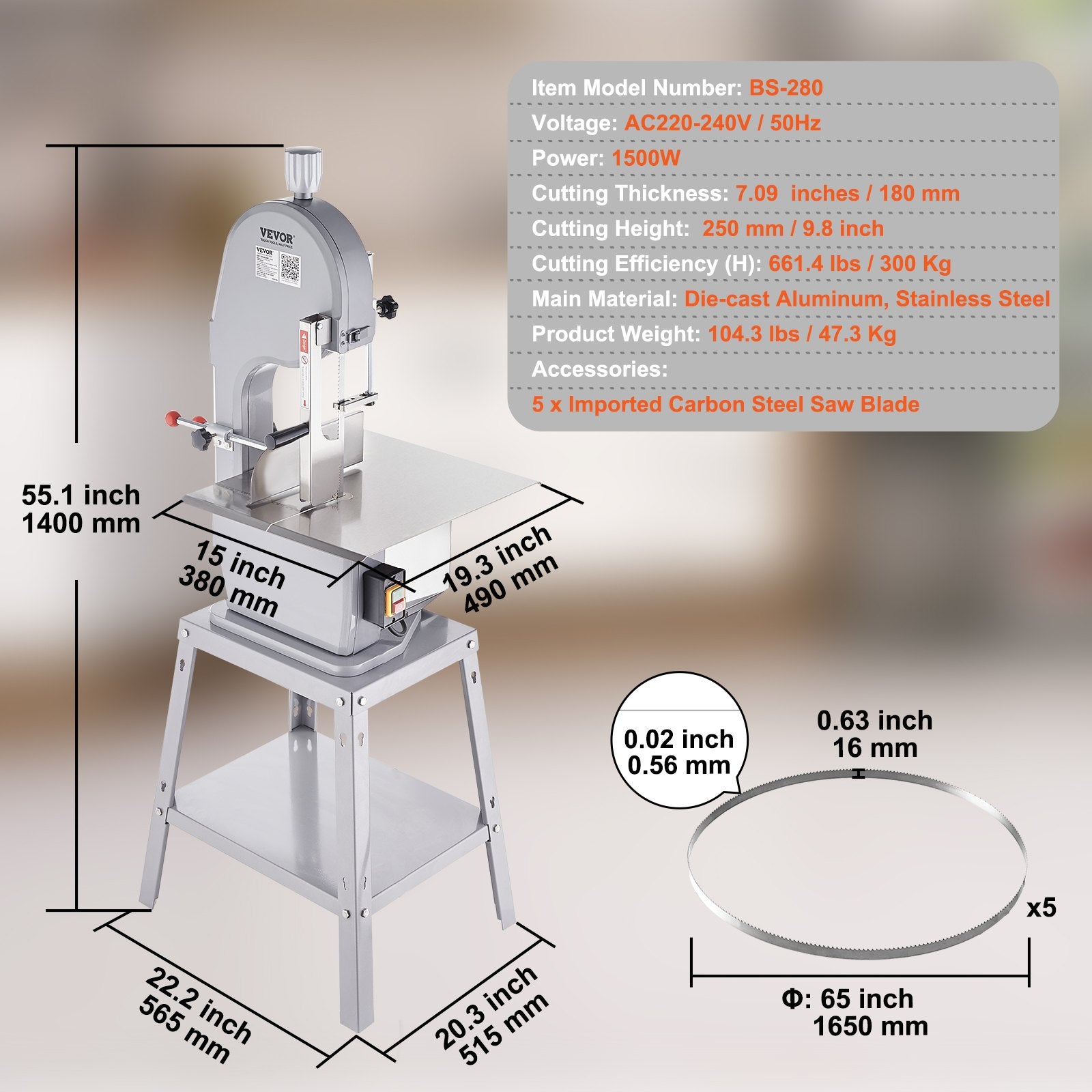 1500W Commercial Electric Meat Bandsaw Stainless Steel Bone Sawing Machine