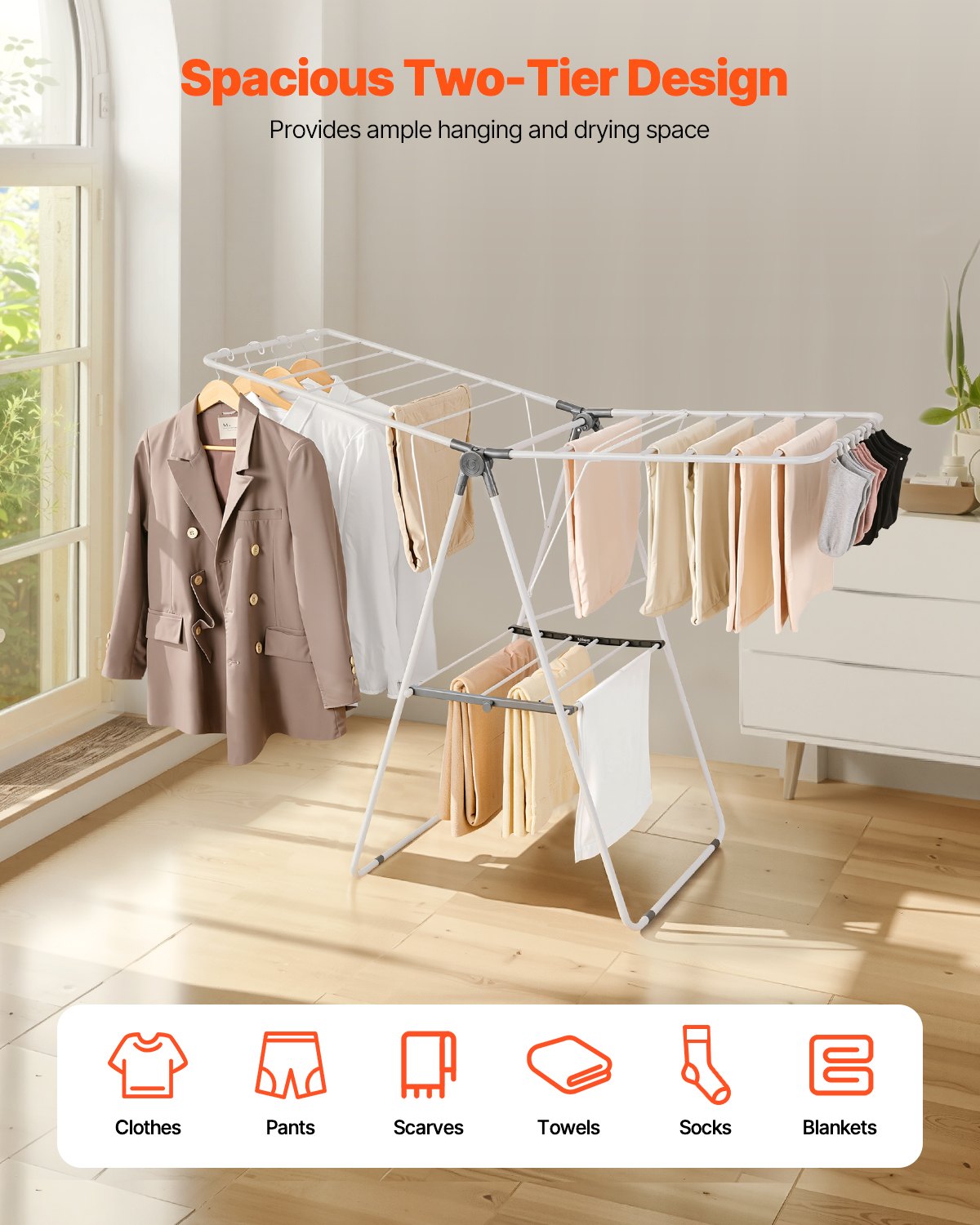 2-Tier Foldable Clothes Drying Rack with Sock Clips & 21 Drying Rods White