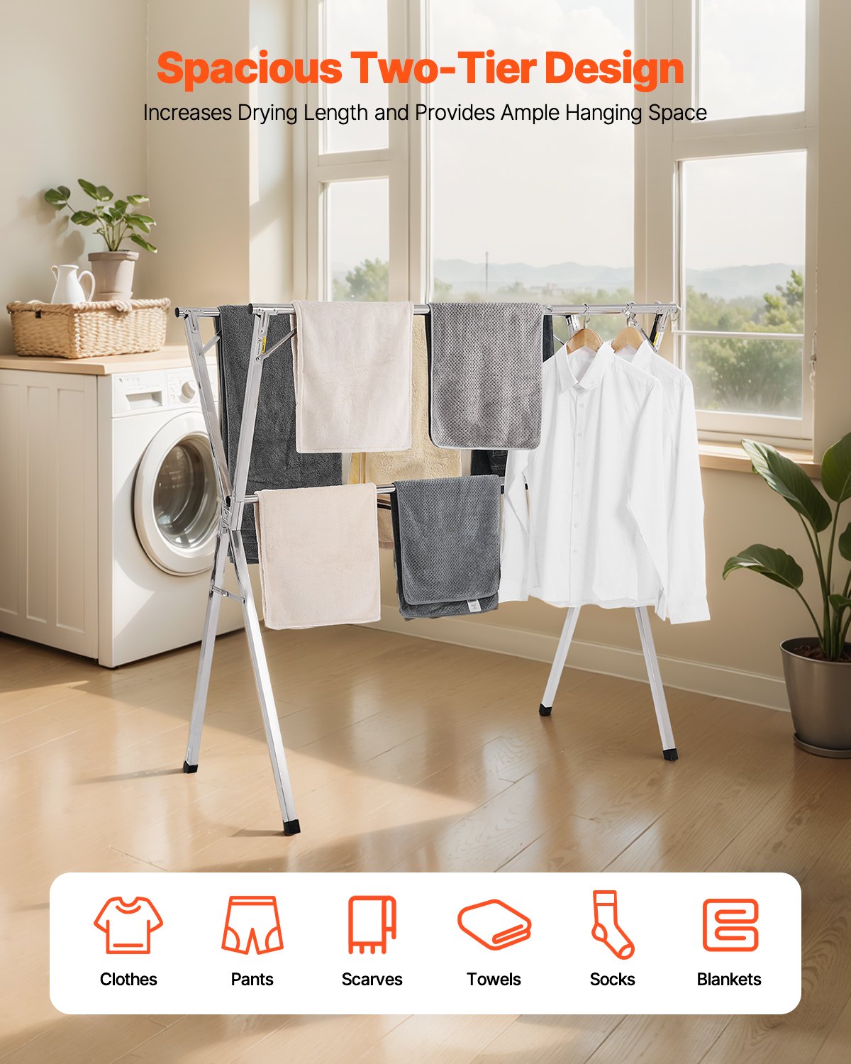 2-Tier Telescopic Clothes Drying Rack w/ 30 Windproof Holes & 2 Shoe Hooks