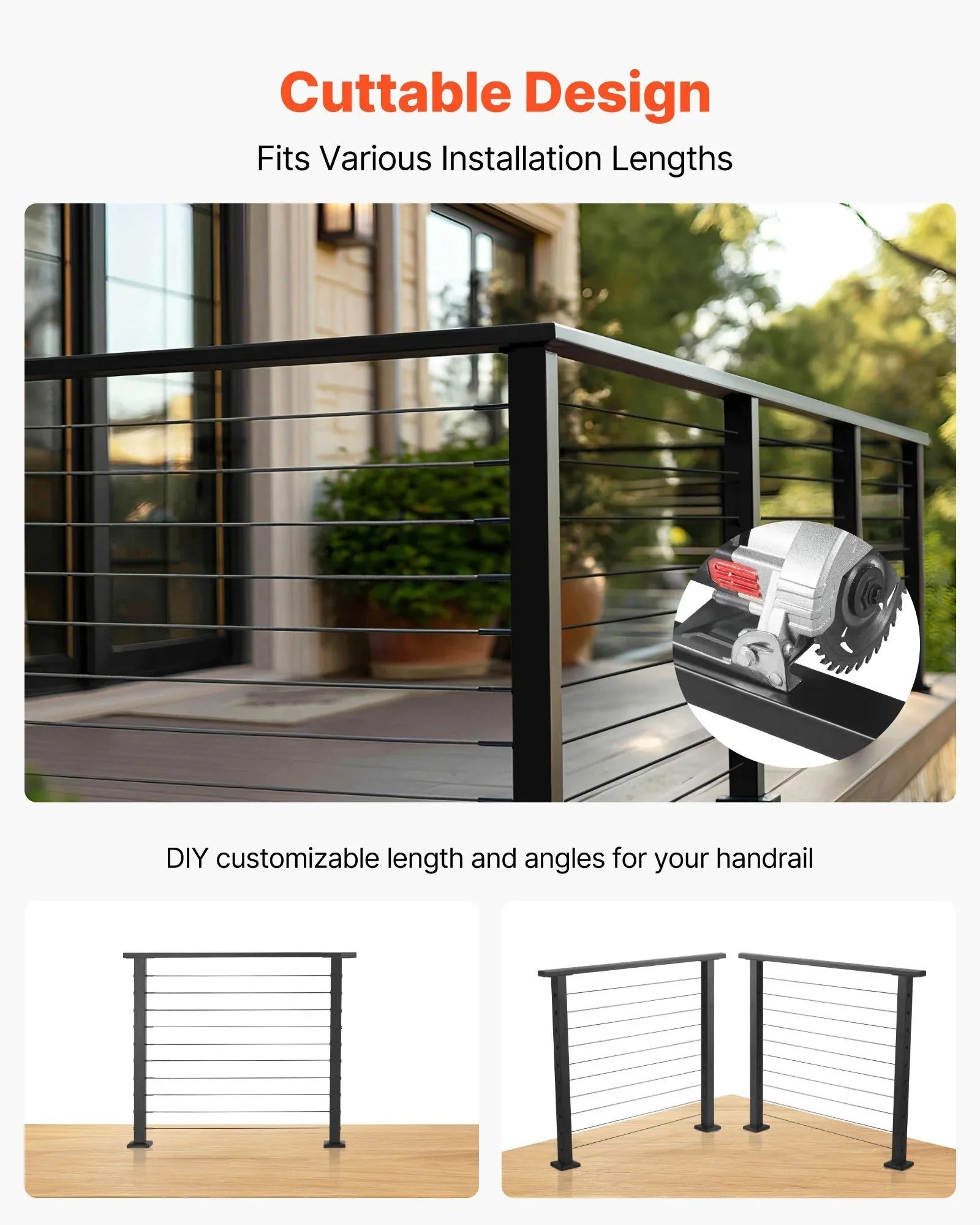 198 cm Stainless Steel Handrail, Rectangular Top Stair Deck Hand Rail for Outdoor/Indoor Steps with End Cap,Matte Black Coating Adjustable Metal Stair Rail for Cable Railing Kit