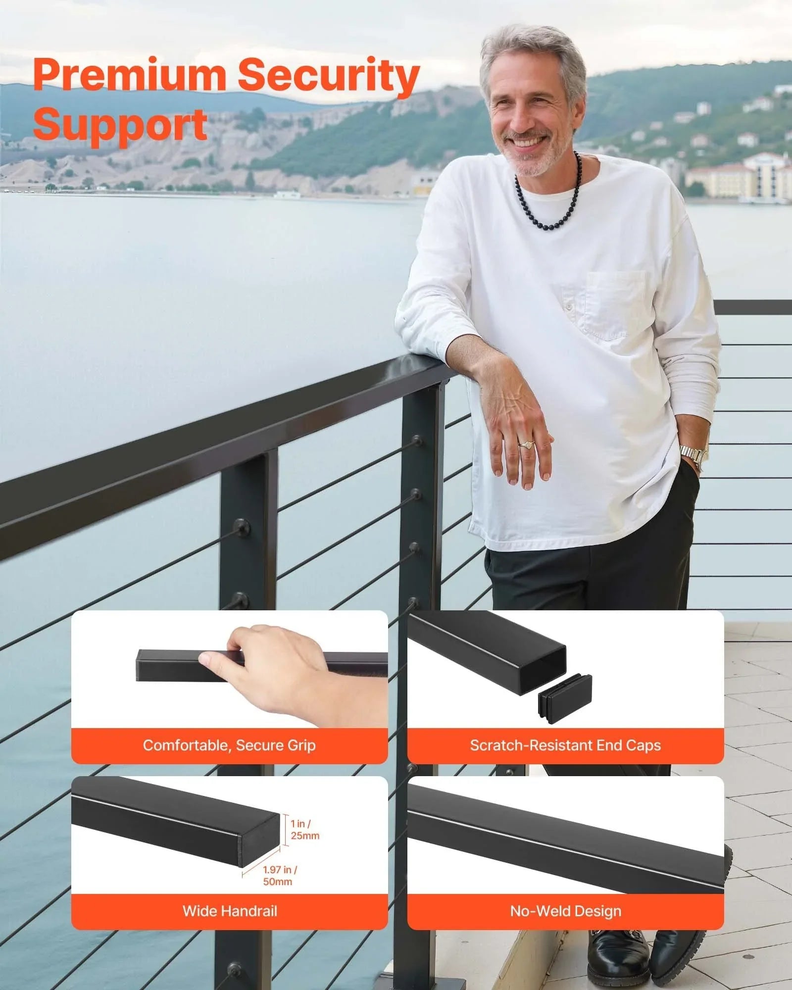 198 cm Stainless Steel Handrail, Rectangular Top Stair Deck Hand Rail for Outdoor/Indoor Steps with End Cap,Matte Black Coating Adjustable Metal Stair Rail for Cable Railing Kit