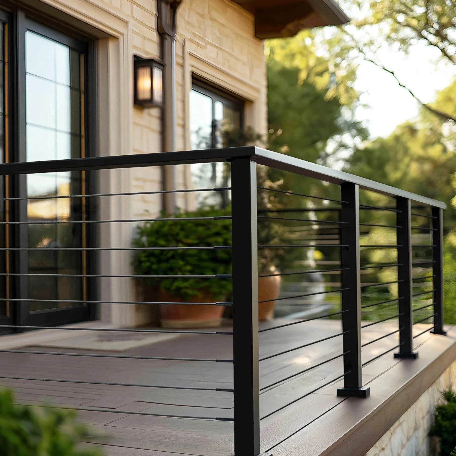 198 cm Stainless Steel Handrail, Rectangular Top Stair Deck Hand Rail for Outdoor/Indoor Steps with End Cap,Matte Black Coating Adjustable Metal Stair Rail for Cable Railing Kit